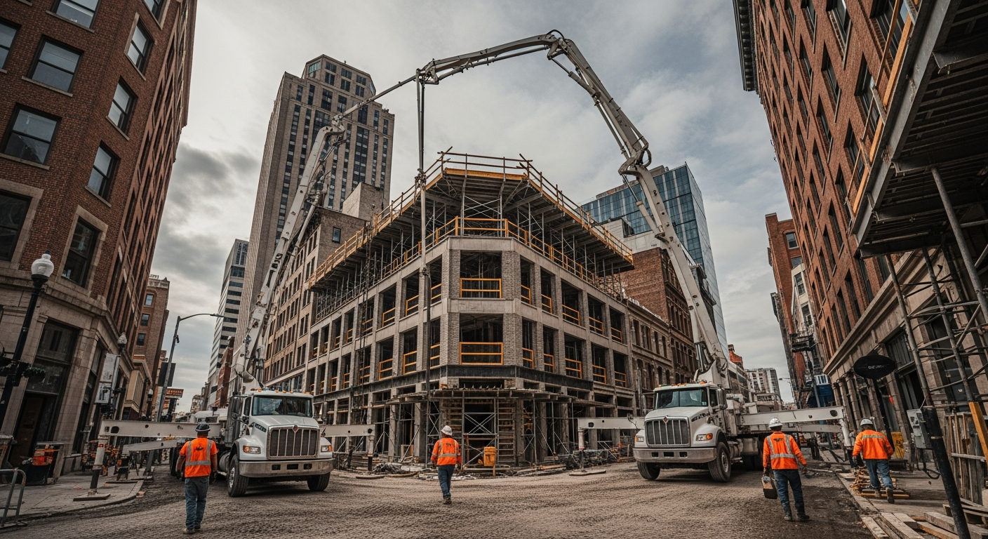 Construction site with concrete pump trucks and workers in downtown urban setting