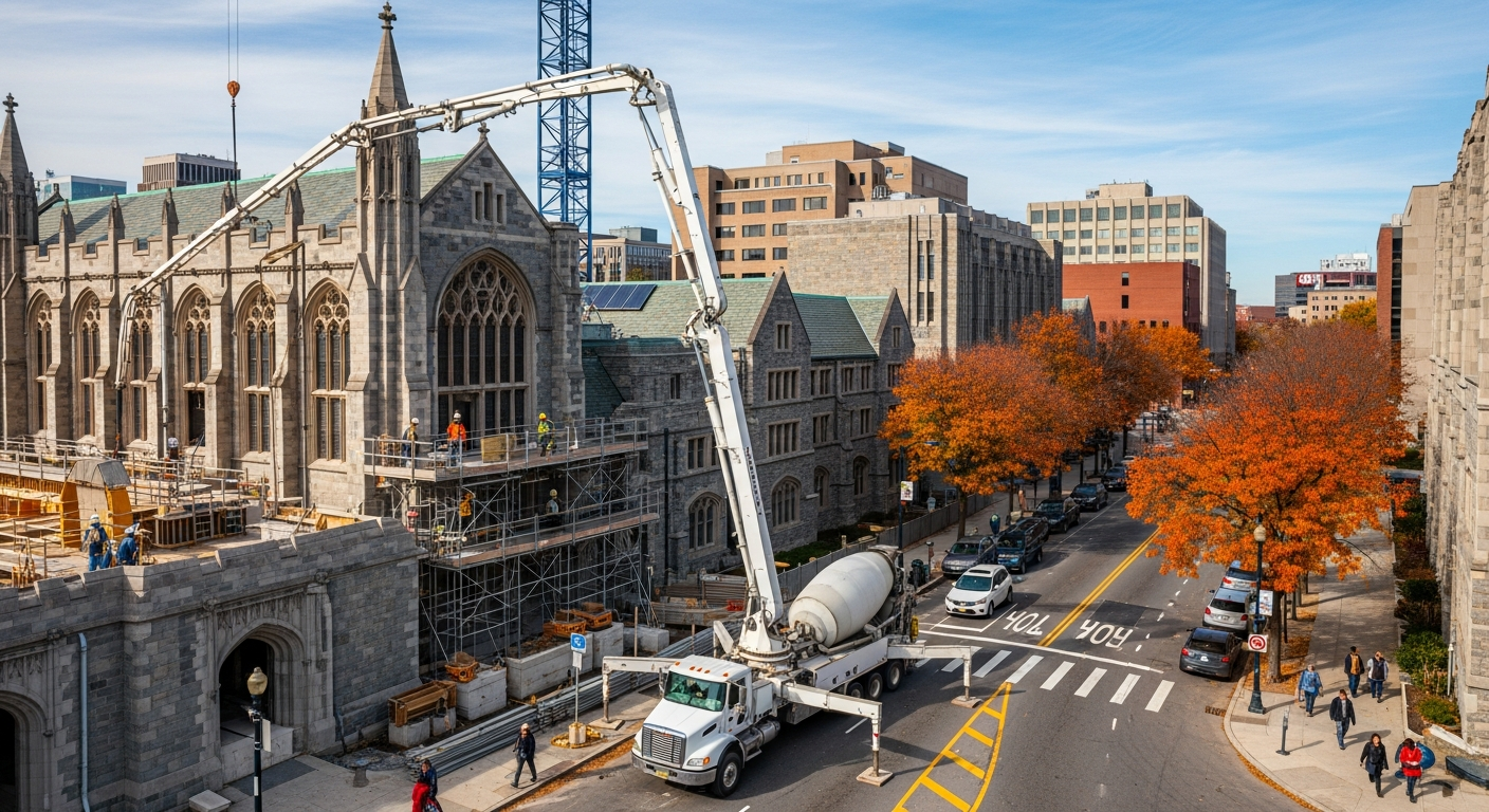 Construction crew using concrete pump truck for church renovation in downtown urban setting