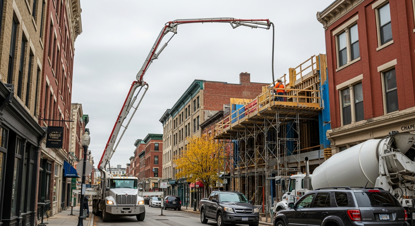 Urban construction site with concrete pump truck and workers on city street