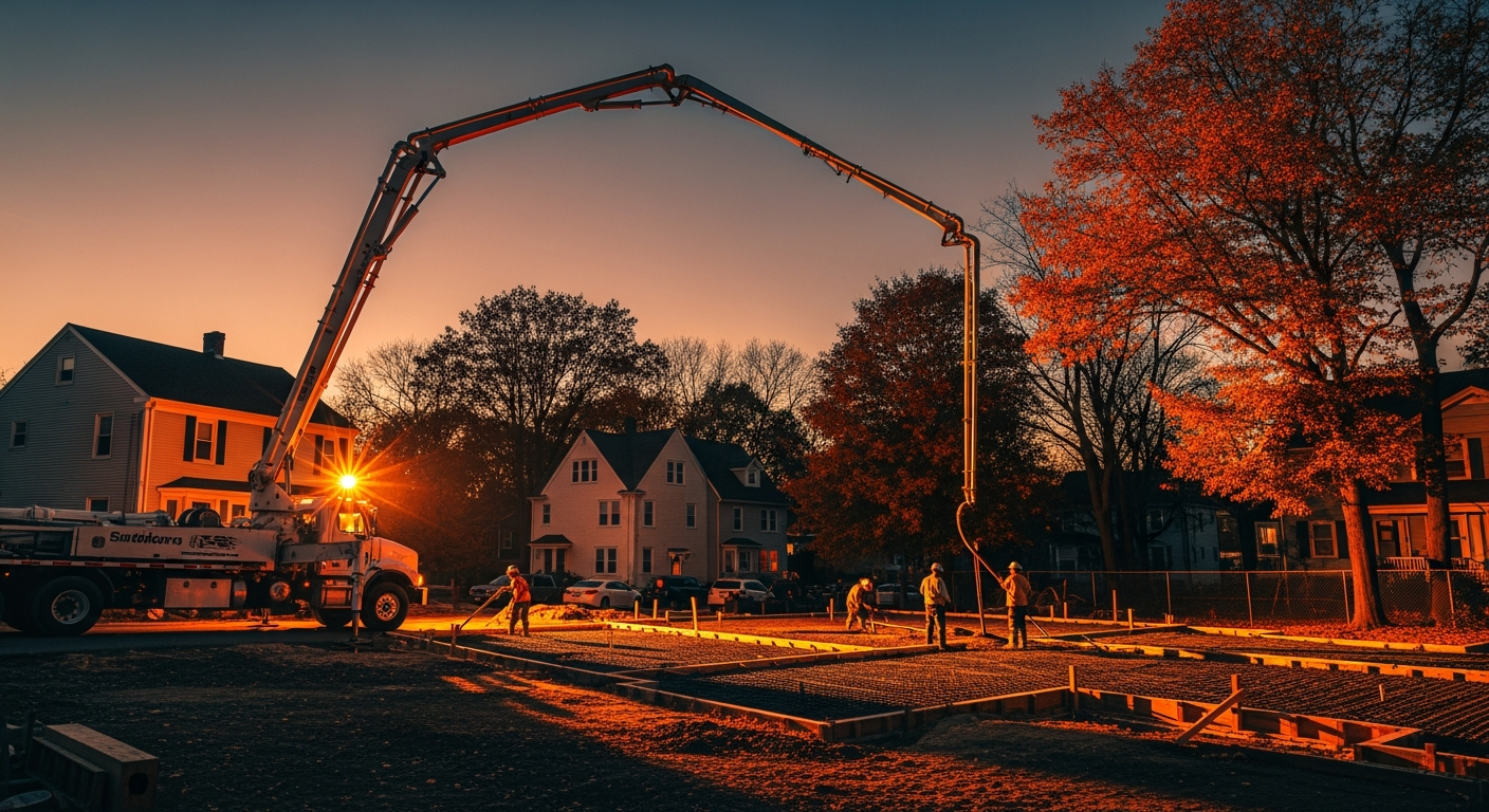 Construction crew pouring concrete foundation at dusk with pump truck in residential neighborhood
