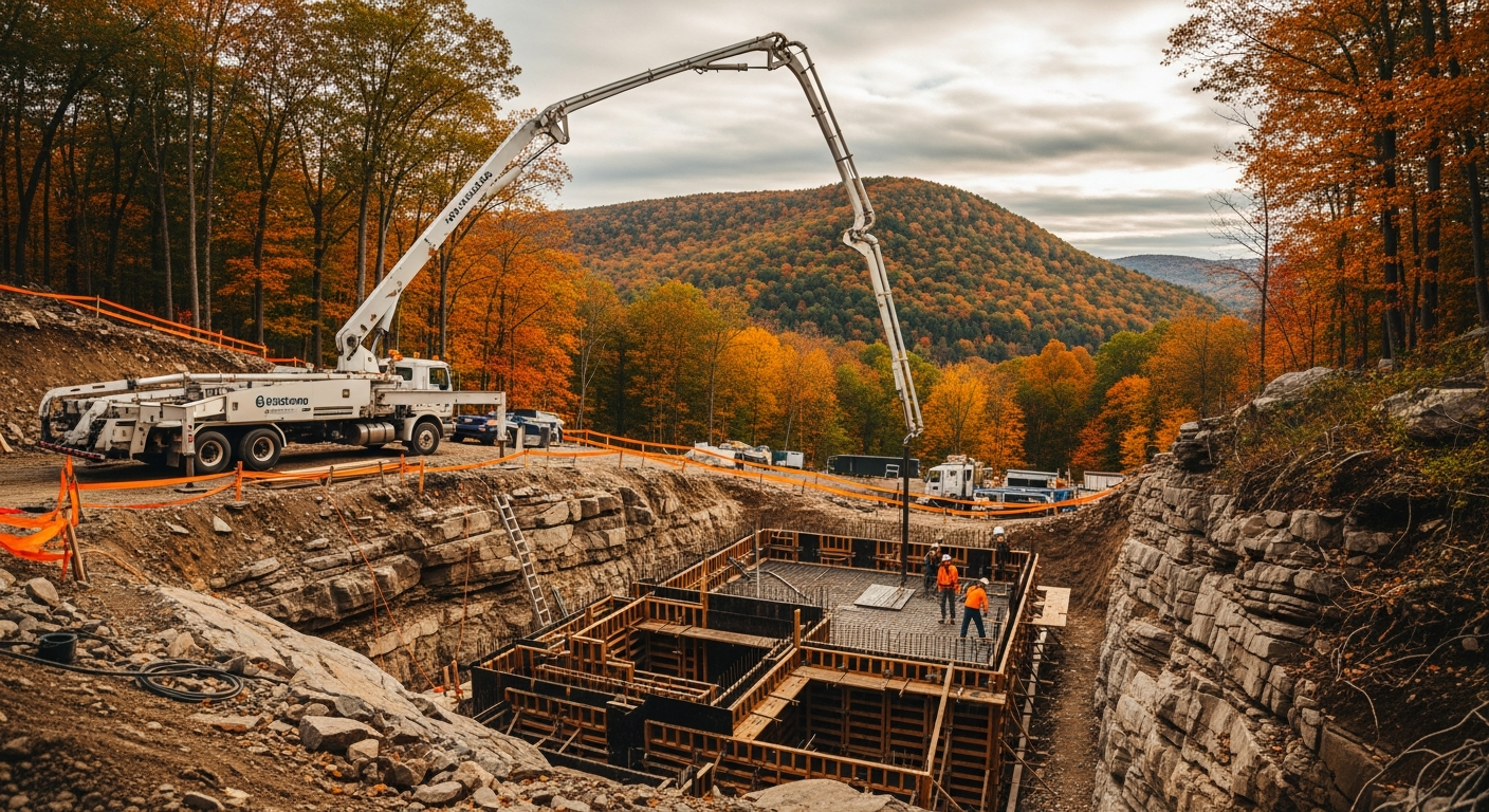 Concrete pump truck pouring foundation at mountain construction site with fall foliage