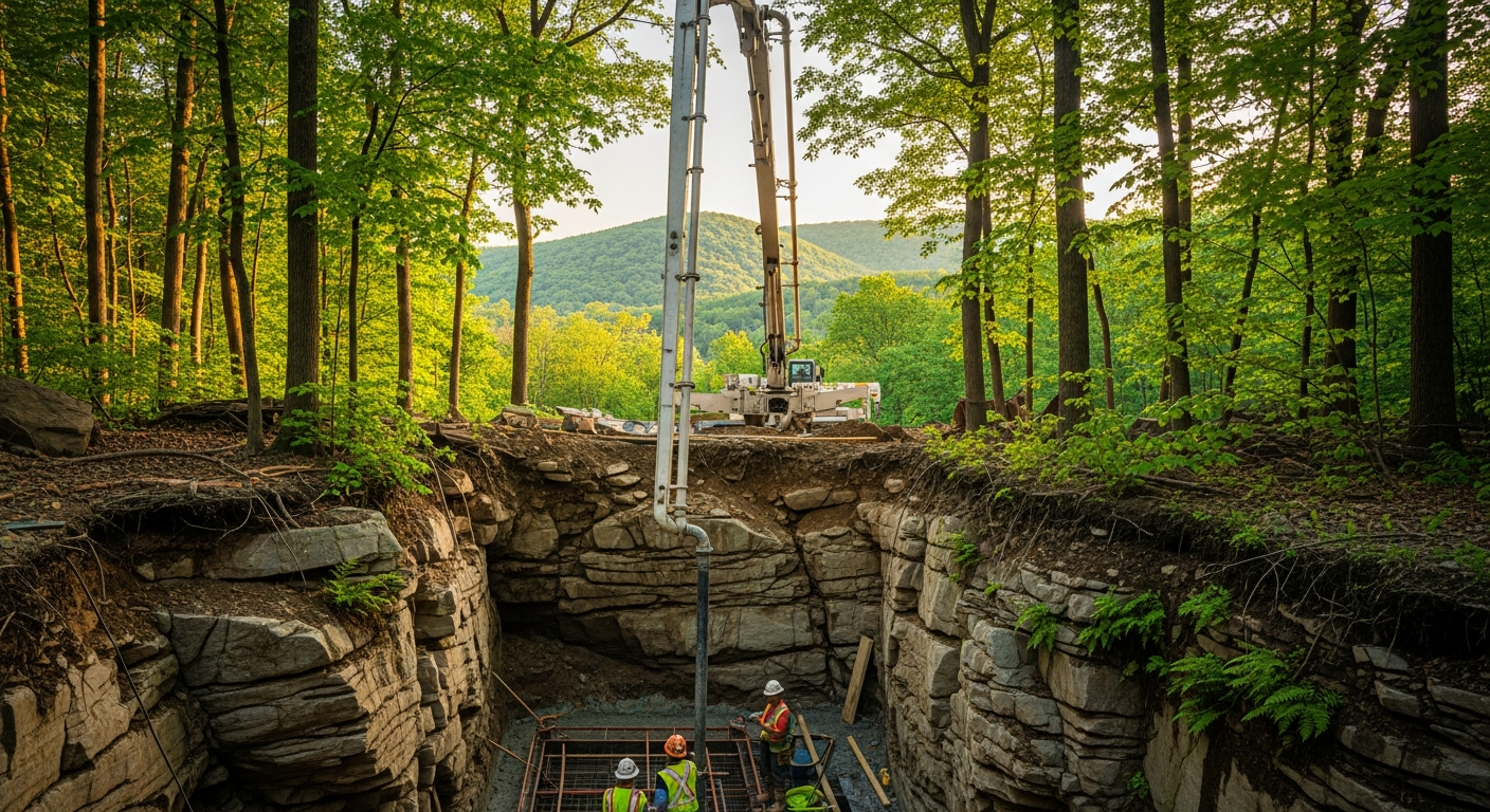 Construction workers operating drilling equipment in forested valley with mountains