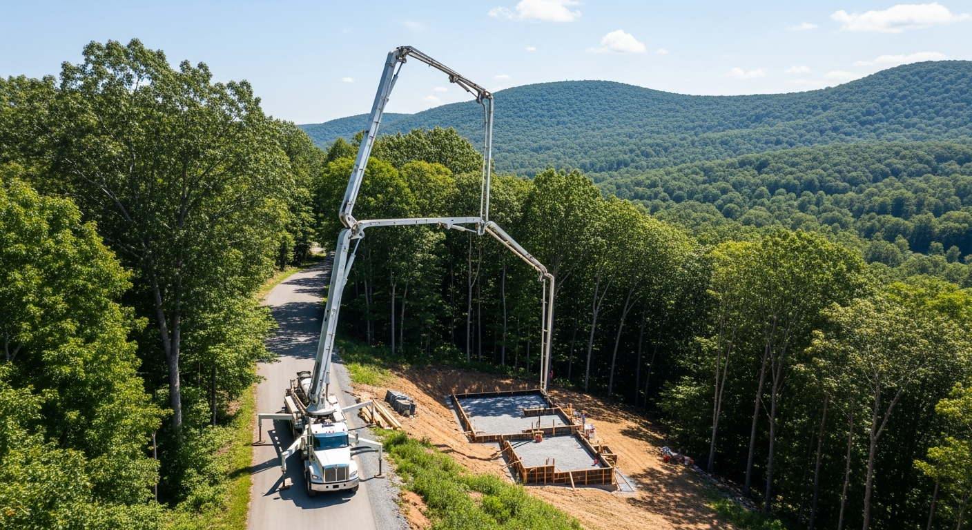 Aerial view of concrete pump truck pouring foundation in mountain forest construction site
