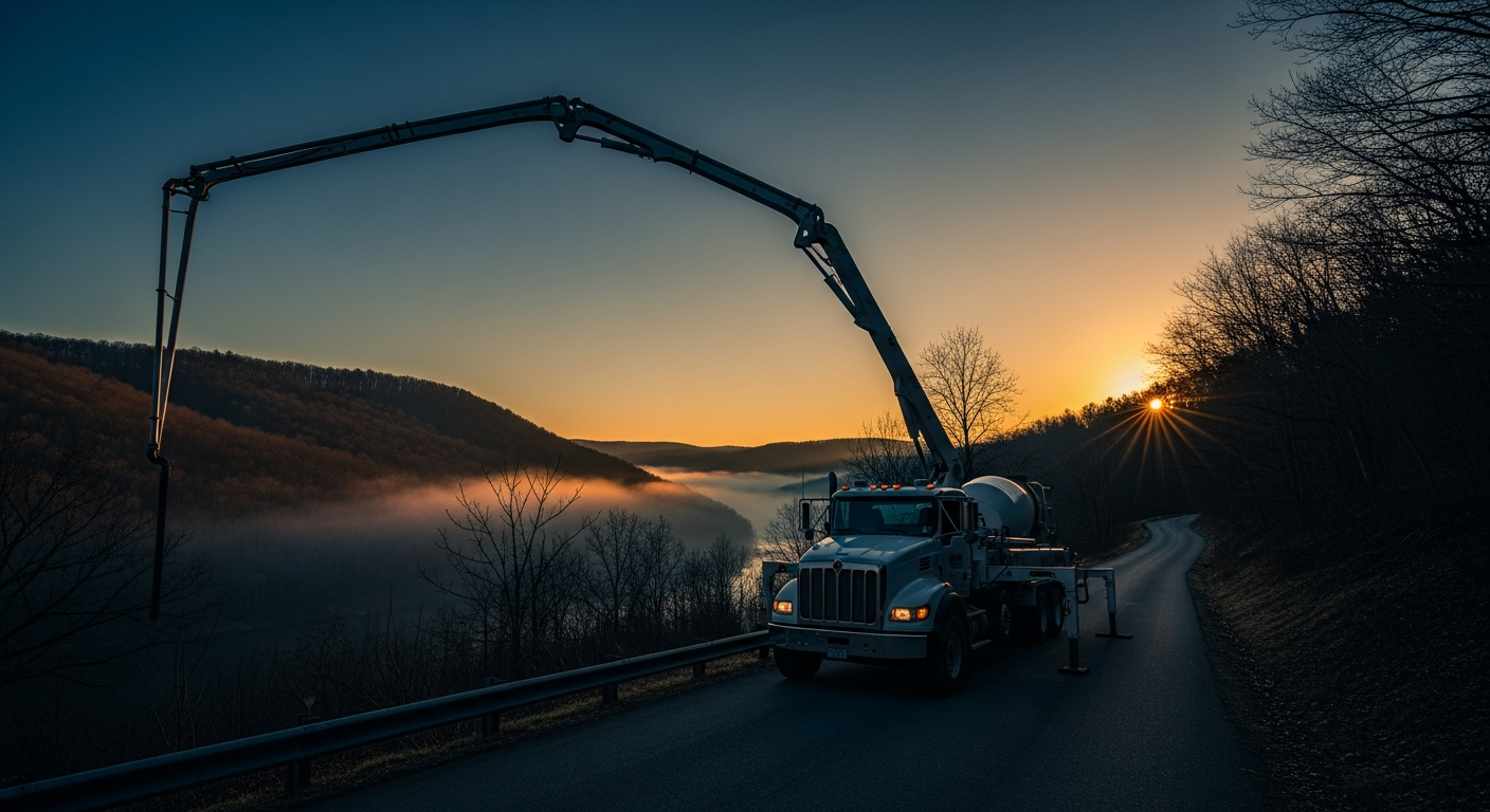 Concrete pump truck with extended boom on mountain road at sunrise overlooking misty valley