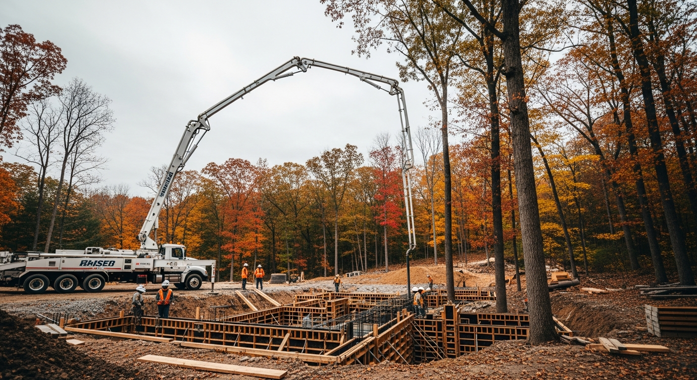 Concrete pump truck pouring foundation at active construction site in autumn with workers