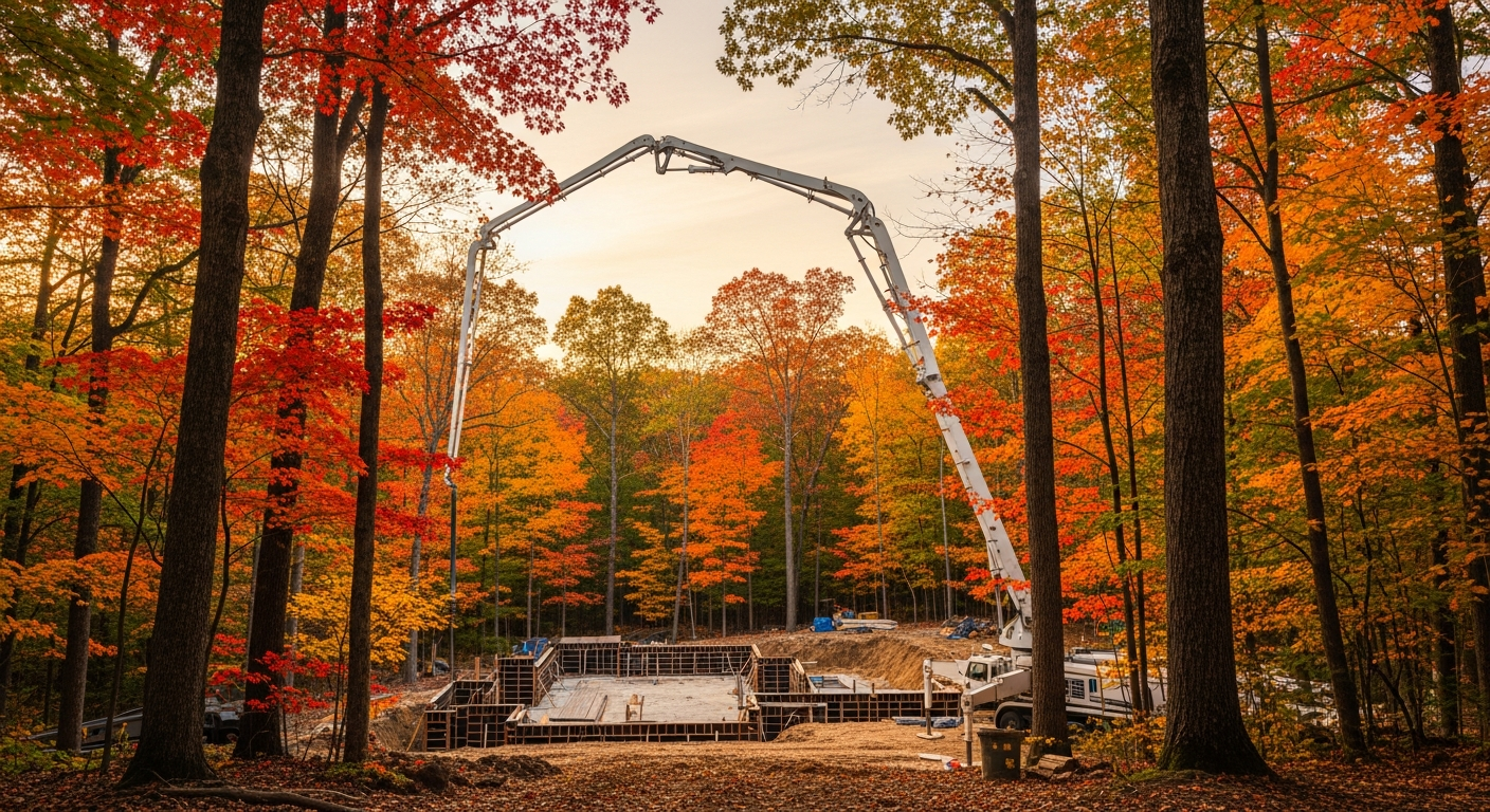 Concrete pump truck at construction site surrounded by vibrant autumn forest foliage