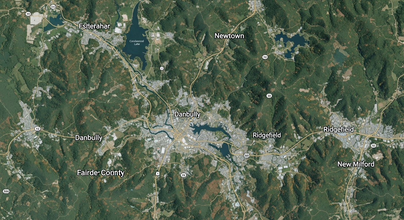 Aerial satellite map of Danbury, Connecticut region showing surrounding towns and geography