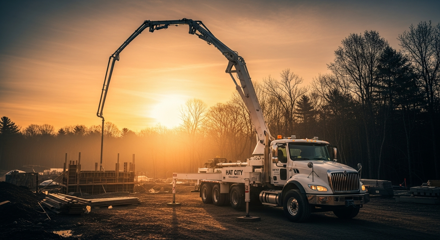 Concrete pump truck with extended boom operating at construction site during sunrise
