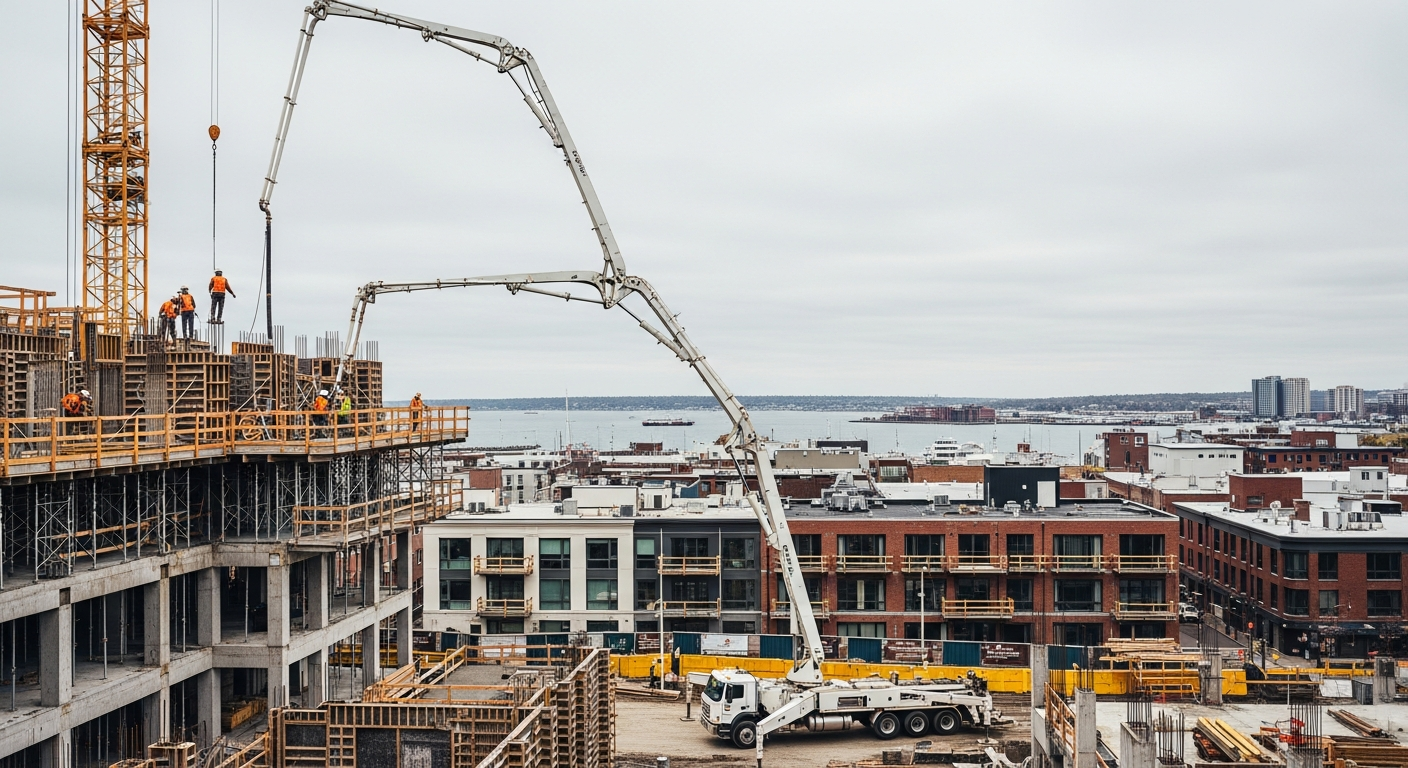 Concrete pump truck pouring during waterfront residential construction project with workers