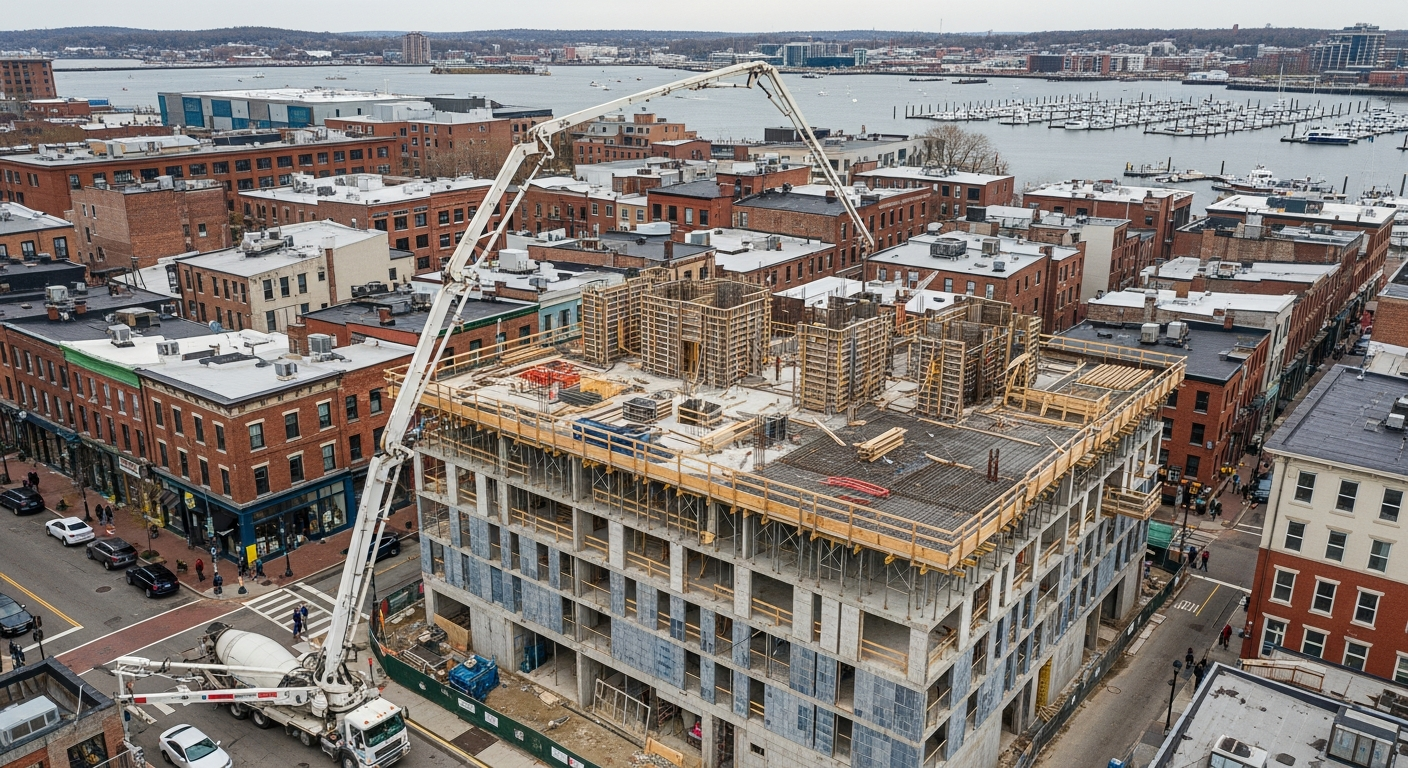 Aerial view of waterfront construction site with multi-story building development