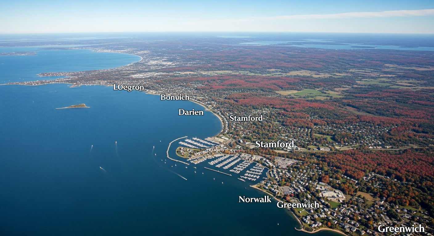 Aerial view of Connecticut coastal towns including Norwalk and Greenwich along Long Island Sound