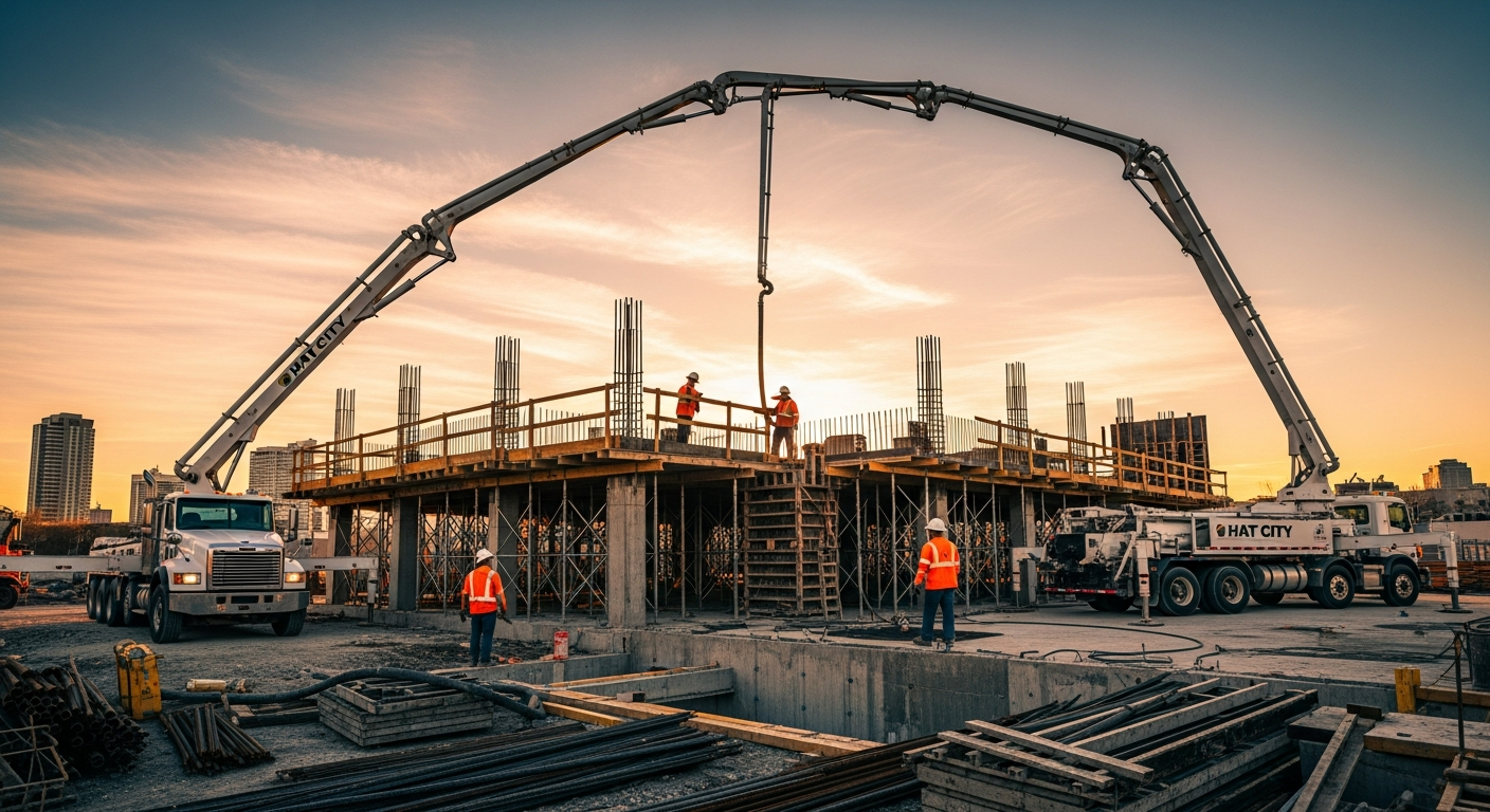 Concrete pump truck pouring concrete on active construction site at sunset with workers