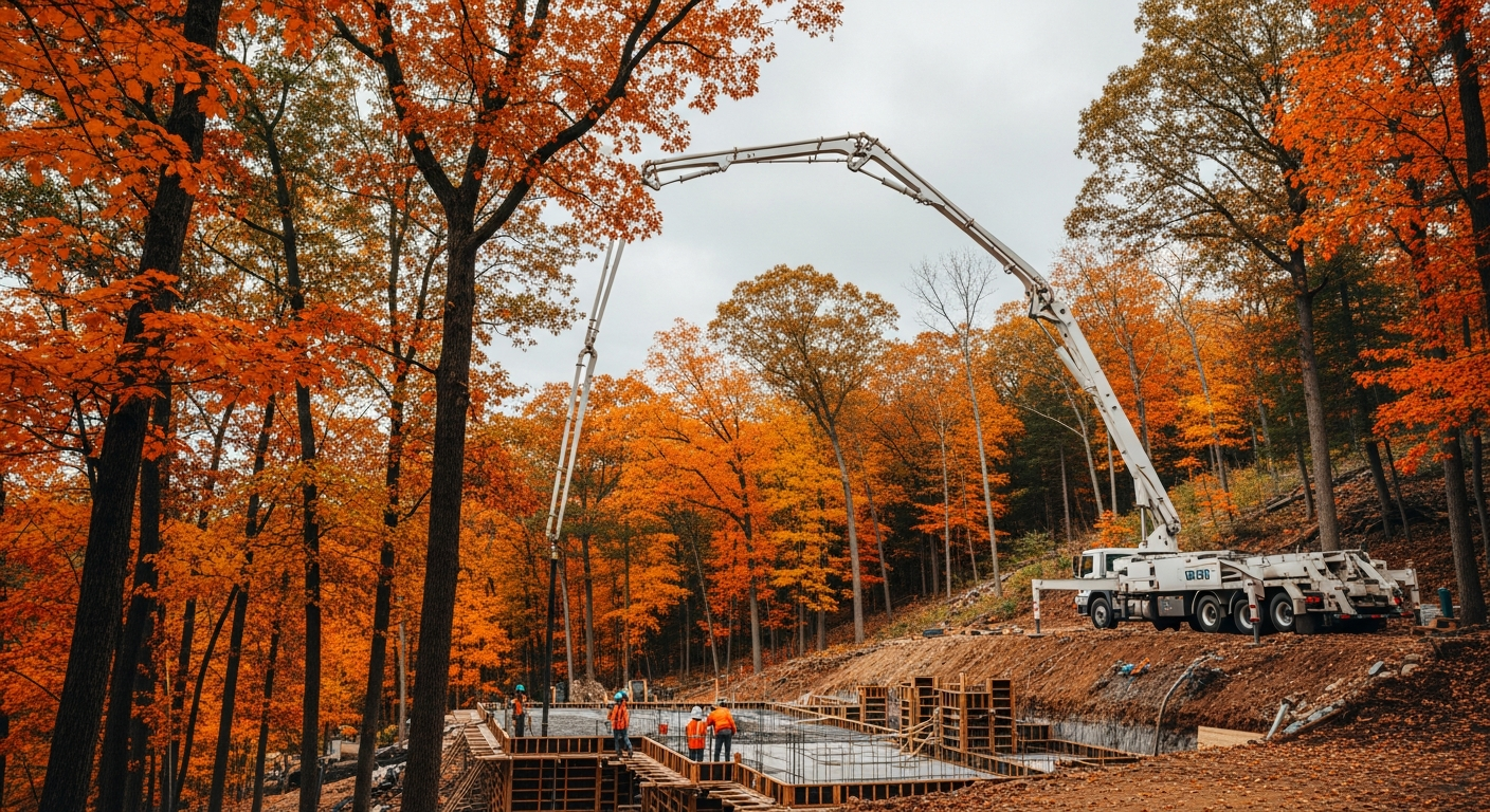 Concrete pump truck pouring foundation at construction site surrounded by fall foliage