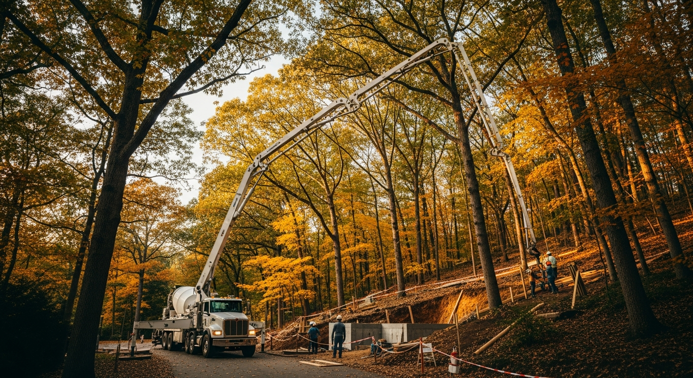 Concrete pump truck pouring cement at construction site surrounded by autumn forest trees