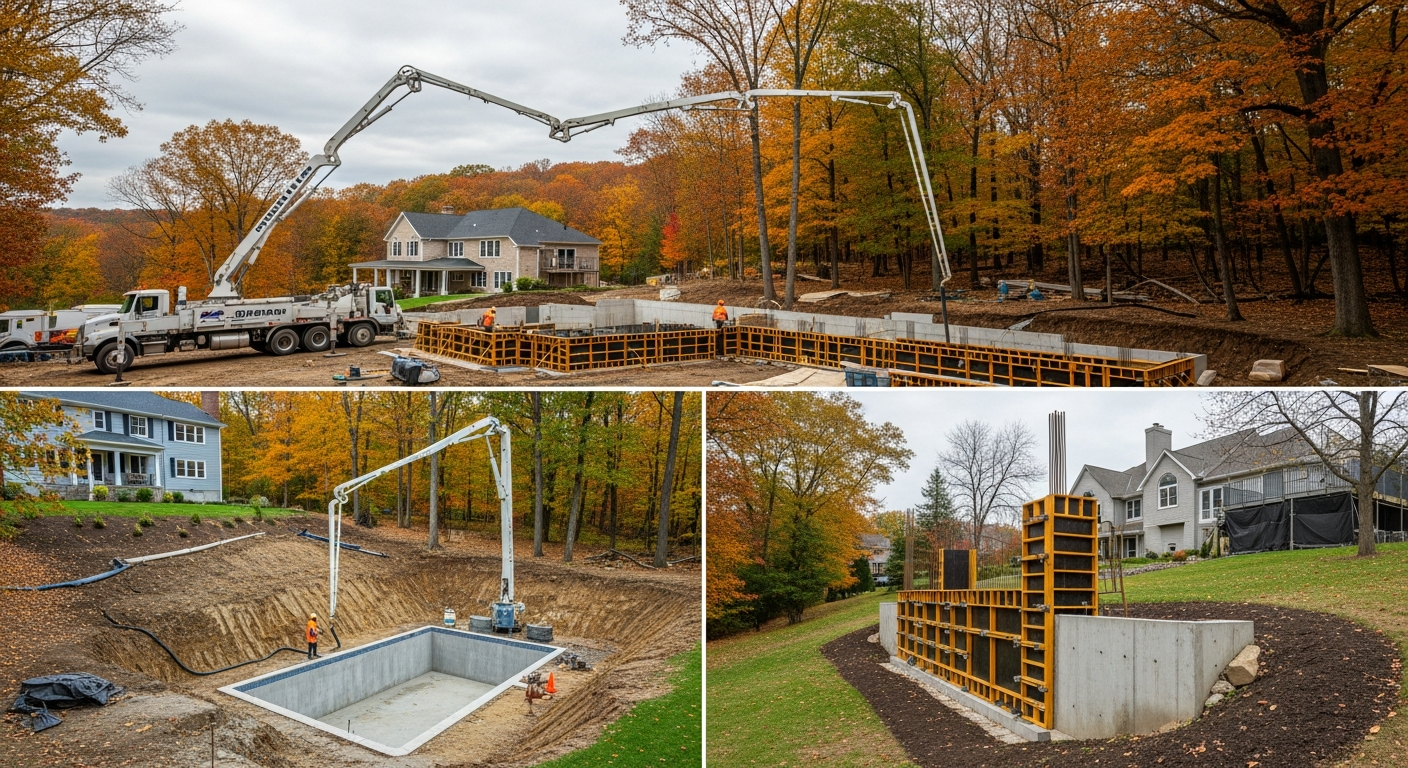 Concrete pool construction phases showing truck-mounted pump, excavation, and completed foundation in autumn