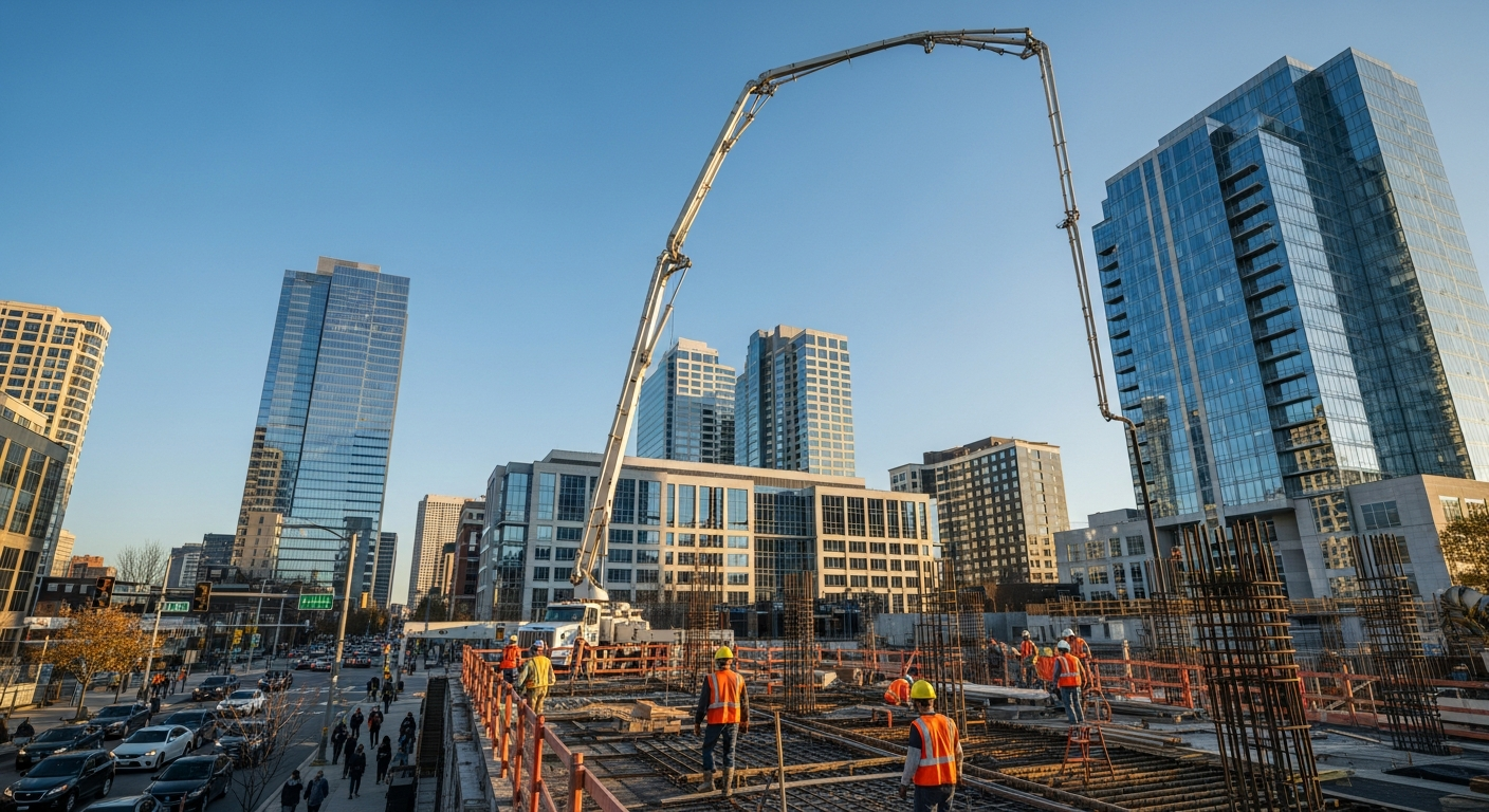 Construction crew operating concrete pump at downtown urban development site surrounded by modern skyscrapers