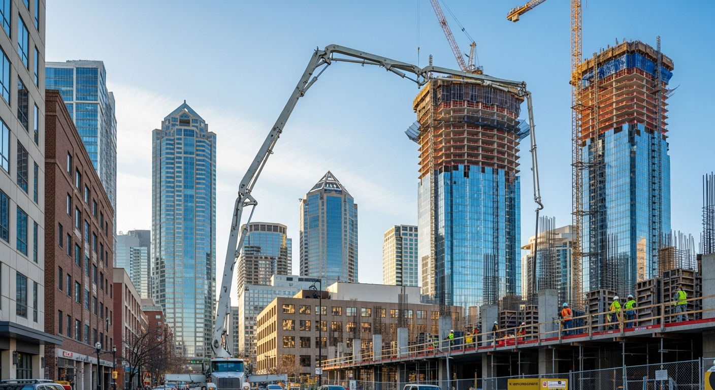 Urban construction site with concrete pump trucks and cranes building high-rise towers in city skyline