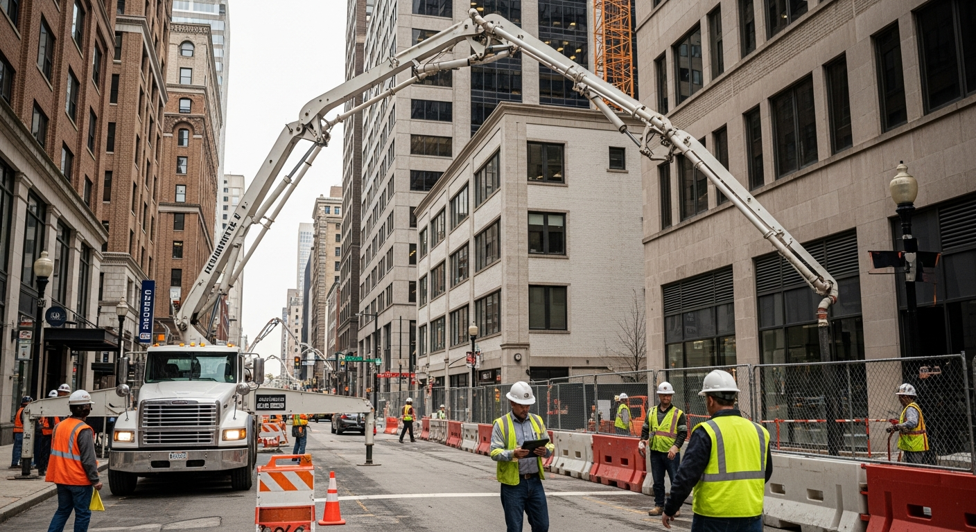 Construction workers operating concrete pump truck on busy city street with safety barriers