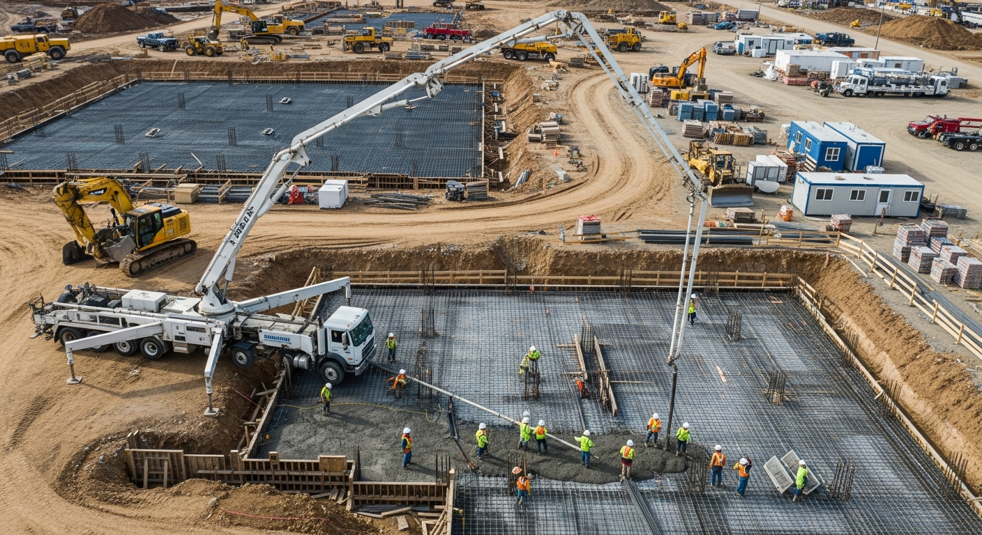 Aerial view of commercial construction site with concrete foundation pouring and heavy equipment