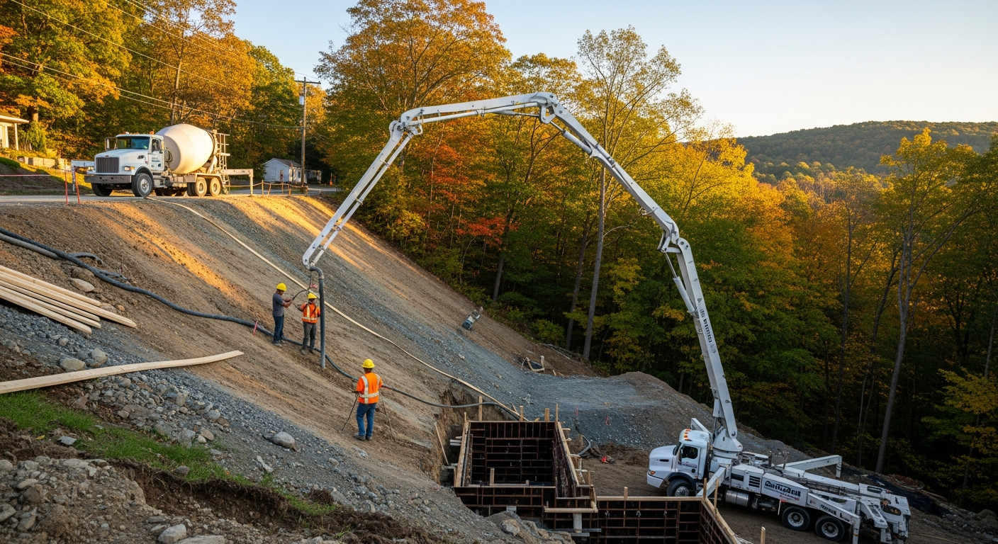Construction workers and concrete pump truck pouring foundation on autumn hillside