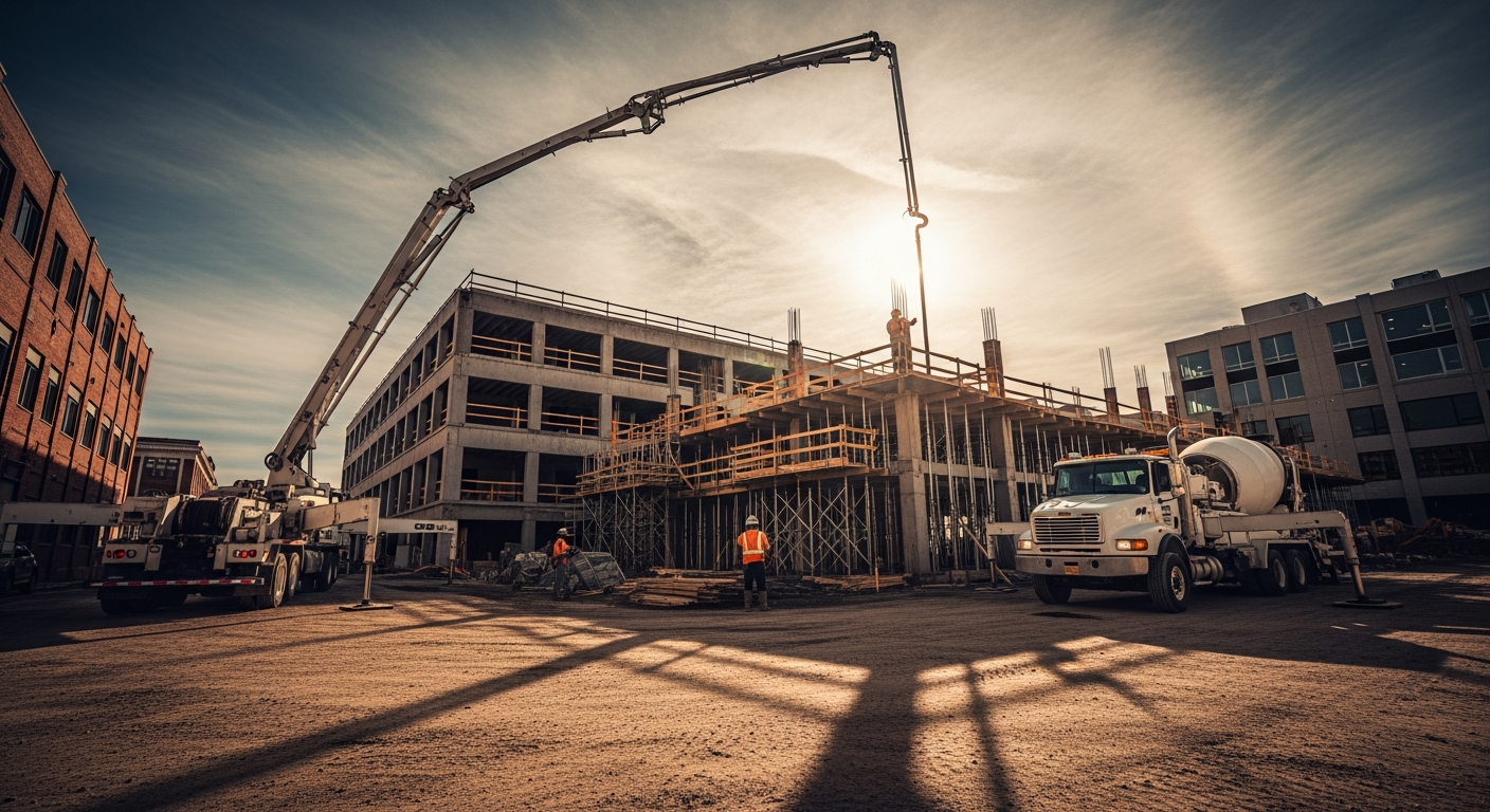 Concrete pump truck delivering concrete at active construction site with workers and mixer truck