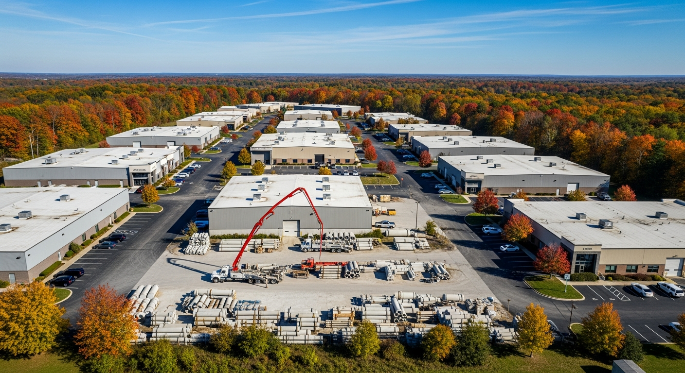 Aerial view of industrial manufacturing complex with warehouses, materials yard, and red crane