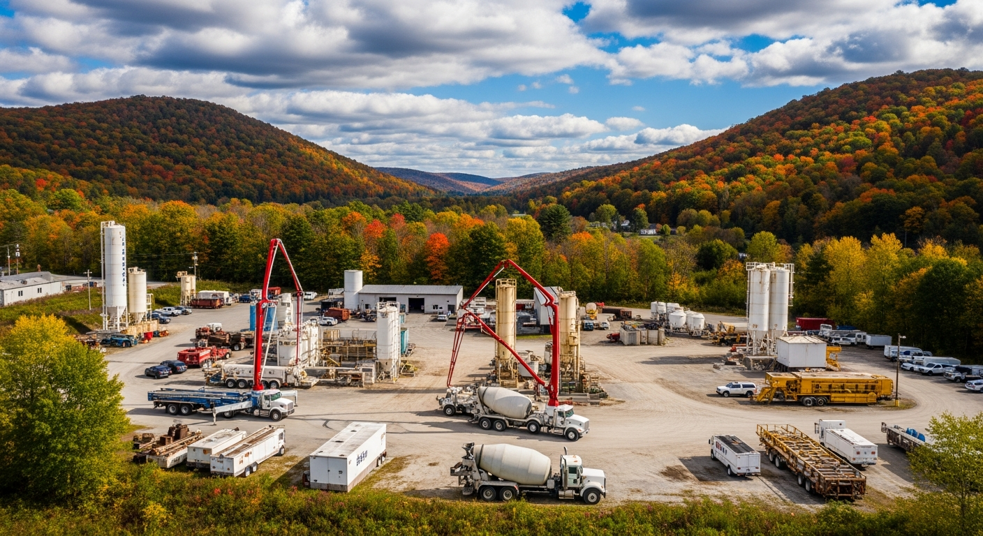 Aerial view of concrete batch plant with mixer trucks among autumn mountain foliage