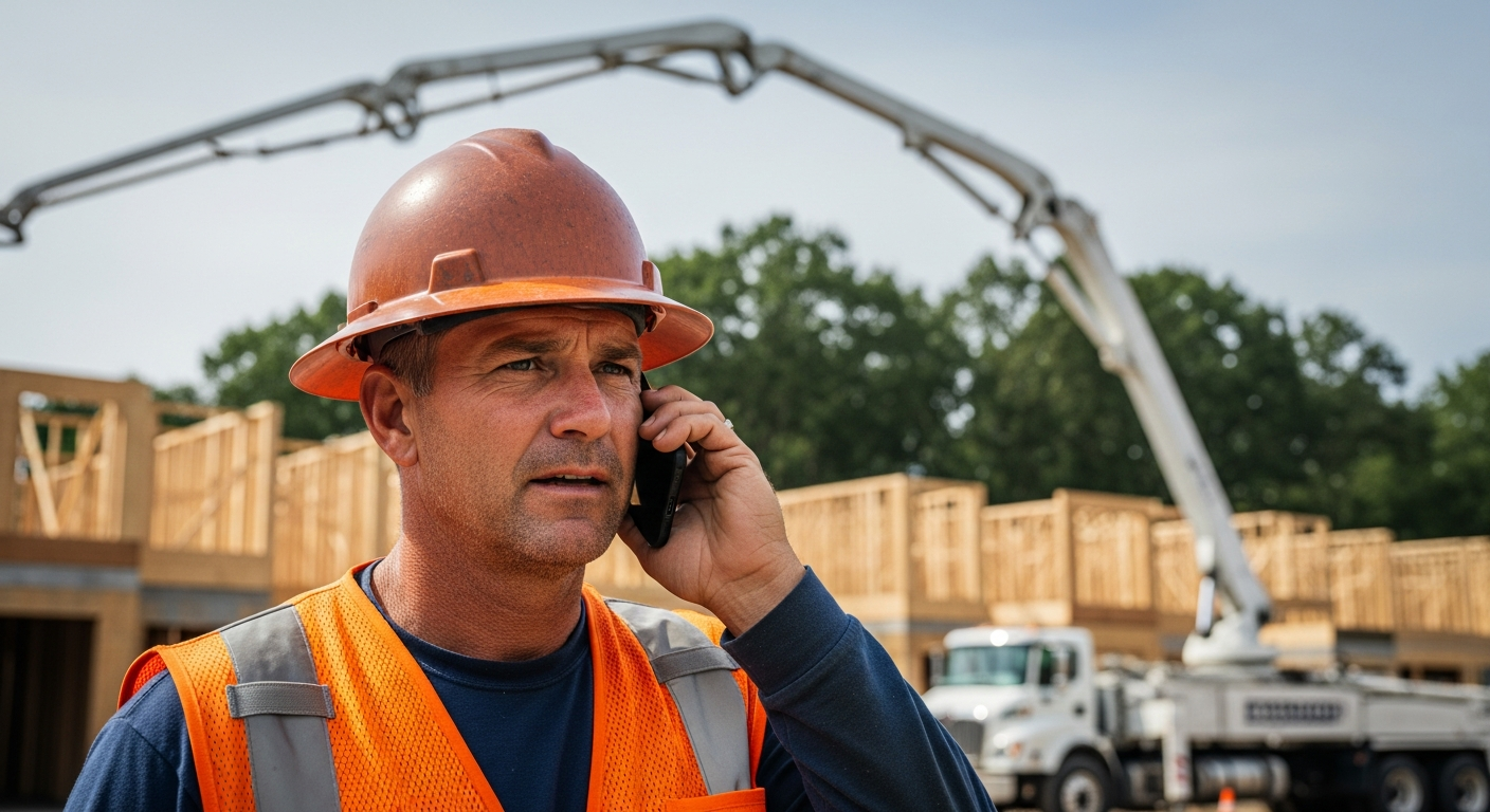 Construction worker in safety gear talking on phone at active building site