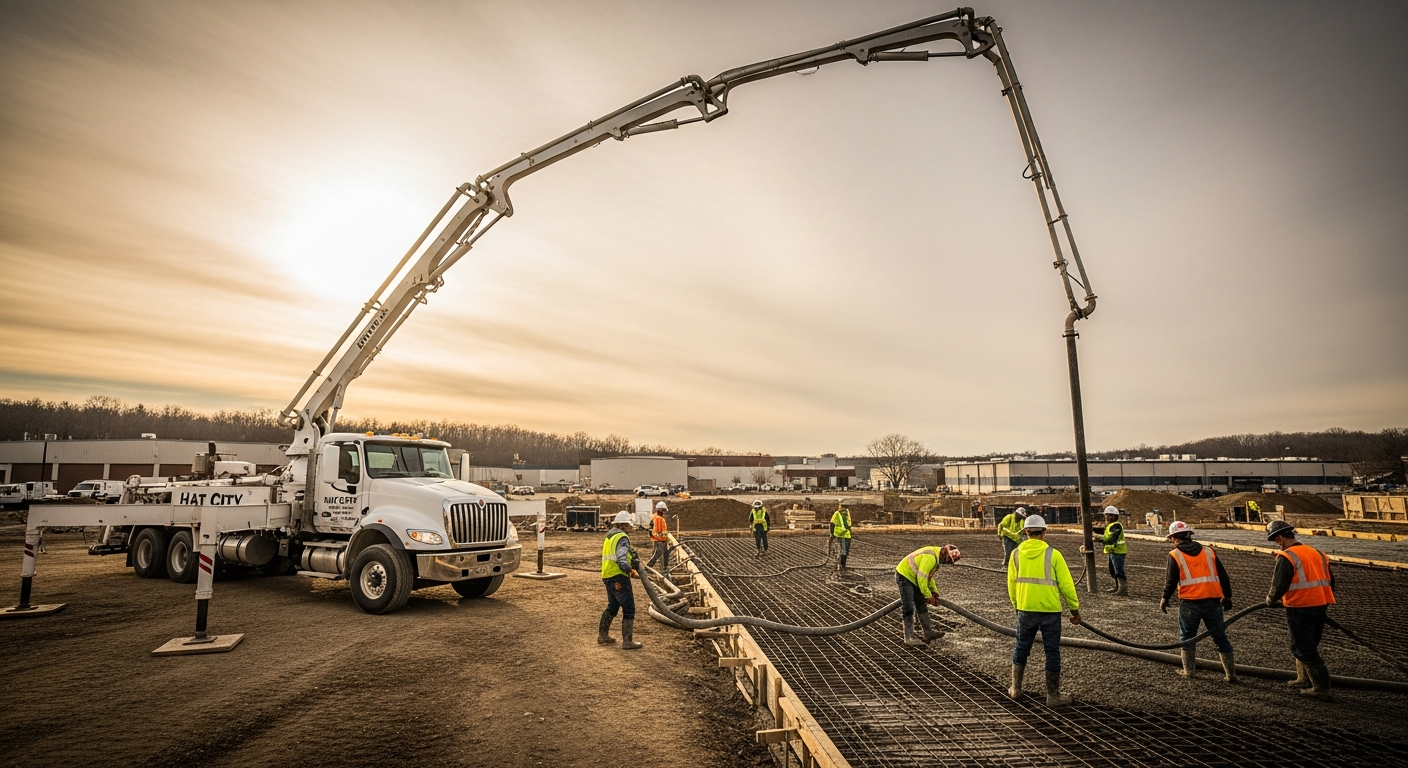 Hat City Concrete Pumping boom pump truck on a construction jobsite in Danbury CT or Brewster NY, extending arm high ...