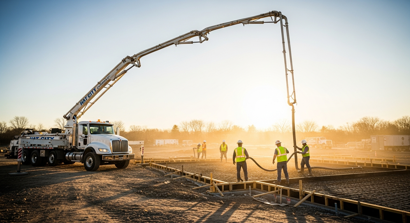 Hat City Concrete Pumping boom pump truck on a construction jobsite in Carmel NY or Putnam County, concrete pump arm ...