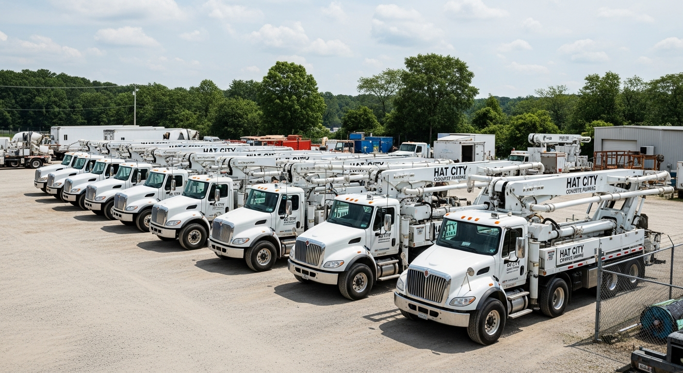 Hat City Concrete Pumping boom pump truck fleet parked at a yard or dispatch location in Danbury CT, multiple pump tr...
