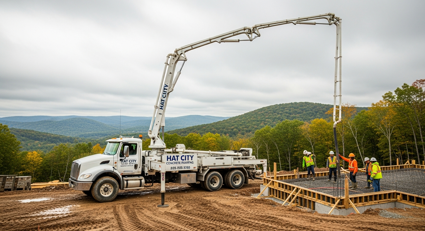 Hat City Concrete Pumping boom pump truck working on a residential construction site in Putnam County NY or Brewster ...