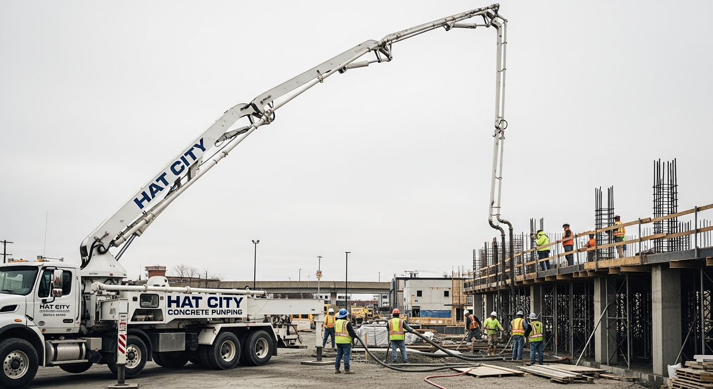 Hat City Concrete Pumping concrete pump truck operating on a commercial construction project in Connecticut, boom arm...