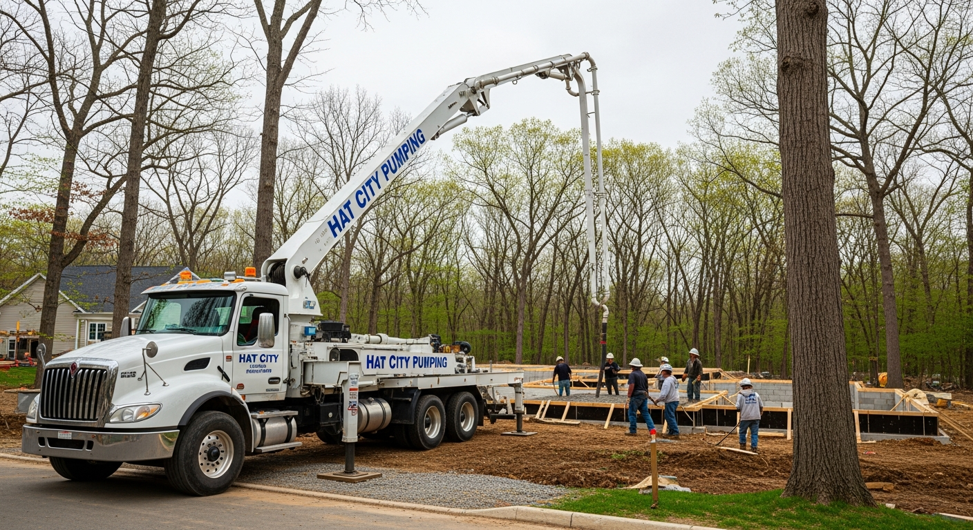 Hat City Pumping boom pump truck extending its arm over a residential concrete pour at a single-family home in Carmel...