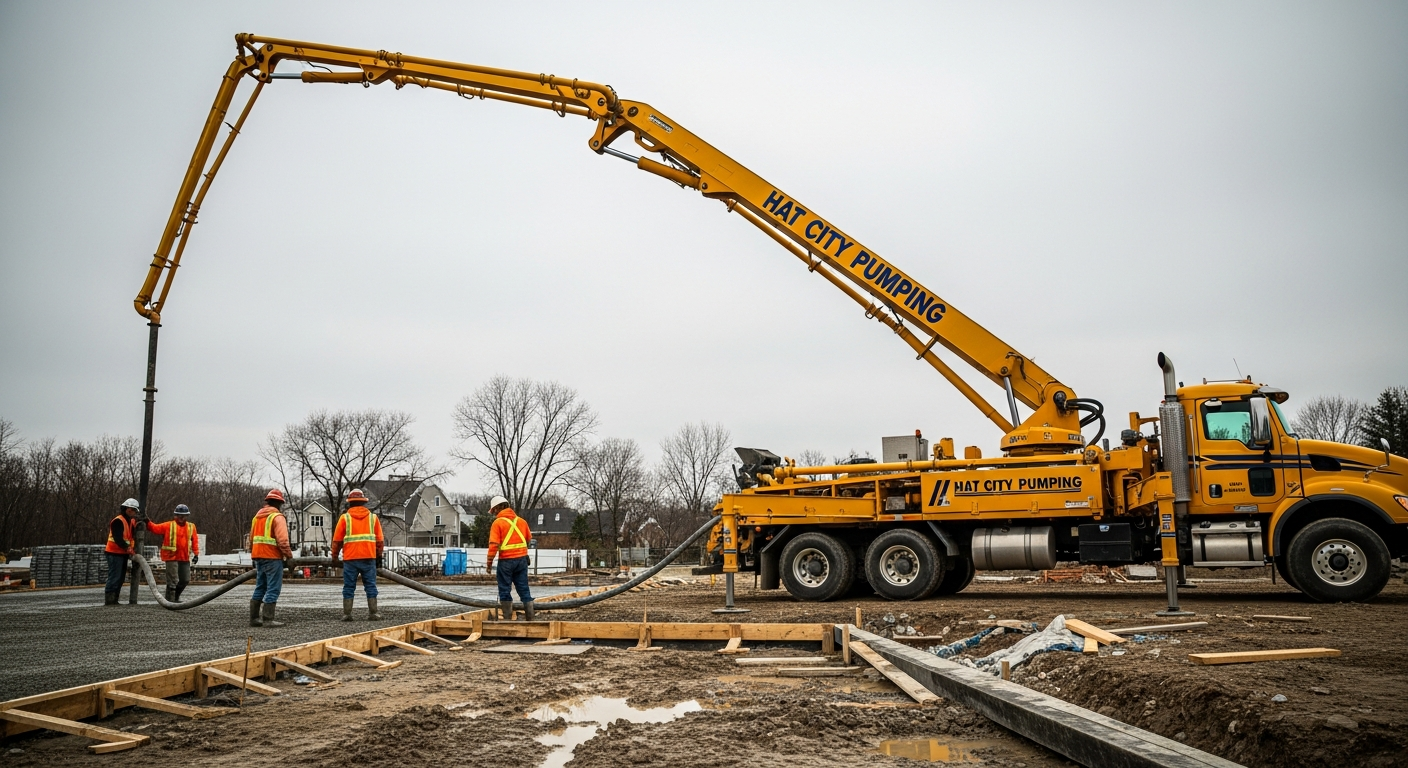 Hat City Pumping boom pump truck at a residential concrete pour in Carmel NY or Putnam County, articulating arm exten...