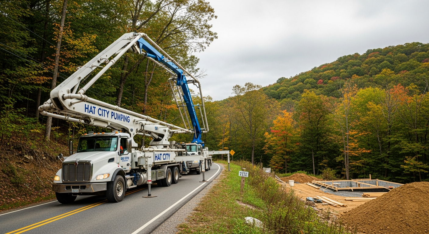 Hat City Pumping concrete boom pump truck navigating a narrow rural road in Litchfield County Connecticut, hilly wood...