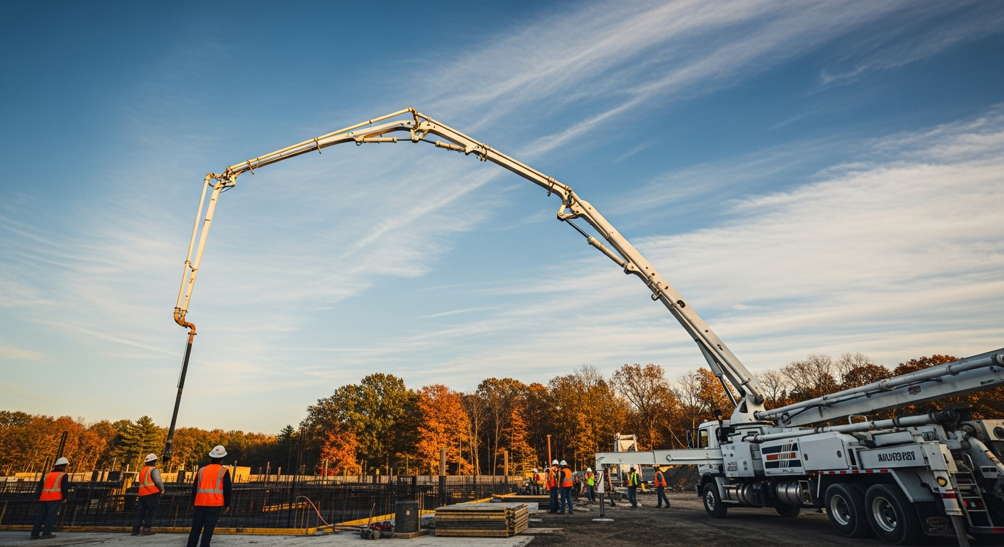 Concrete pump truck with extended boom at construction site with safety workers