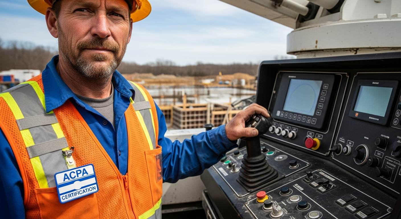 Certified ACPA crane operator at equipment controls on construction site