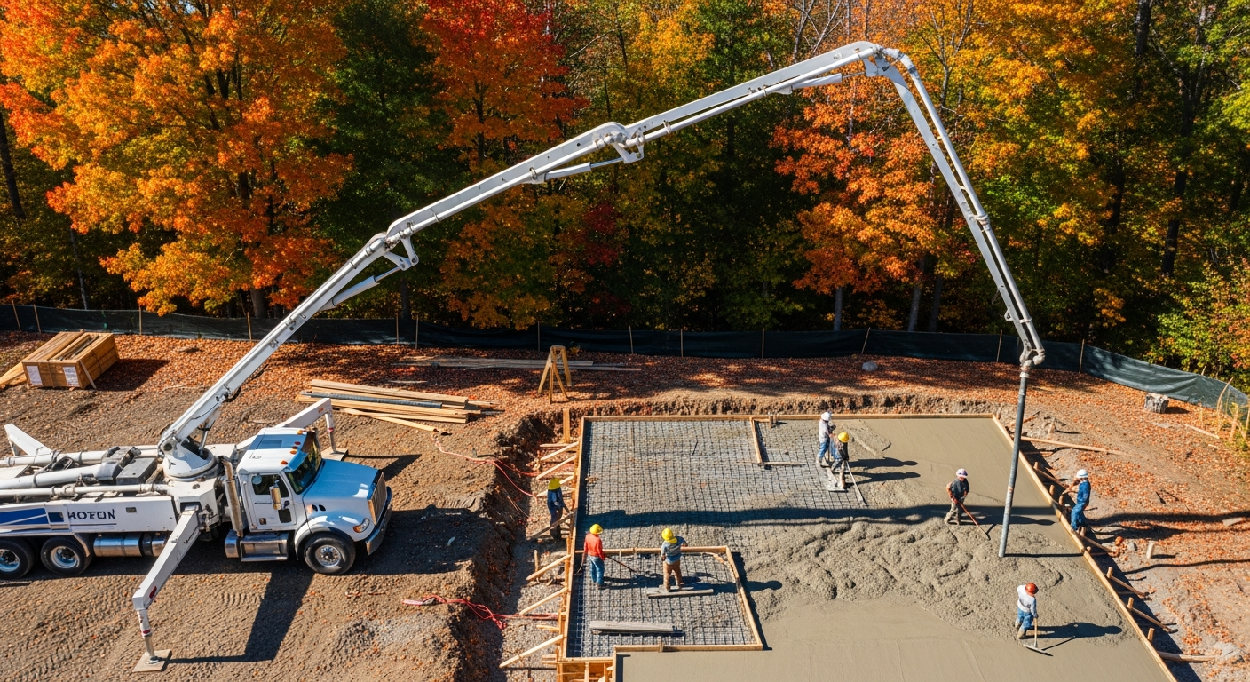 Concrete pump truck pouring foundation at construction site with workers