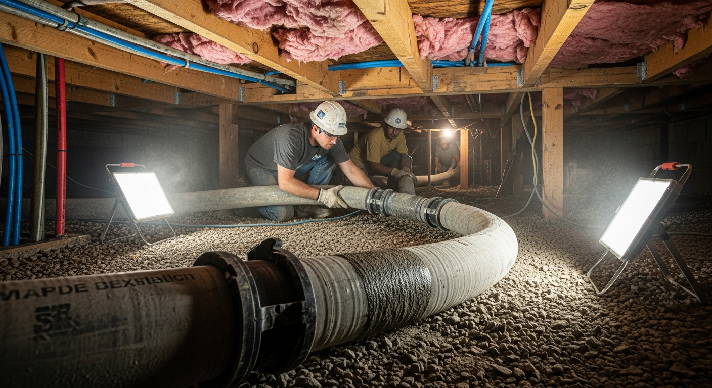Construction workers installing HVAC ductwork in residential crawl space with LED lighting