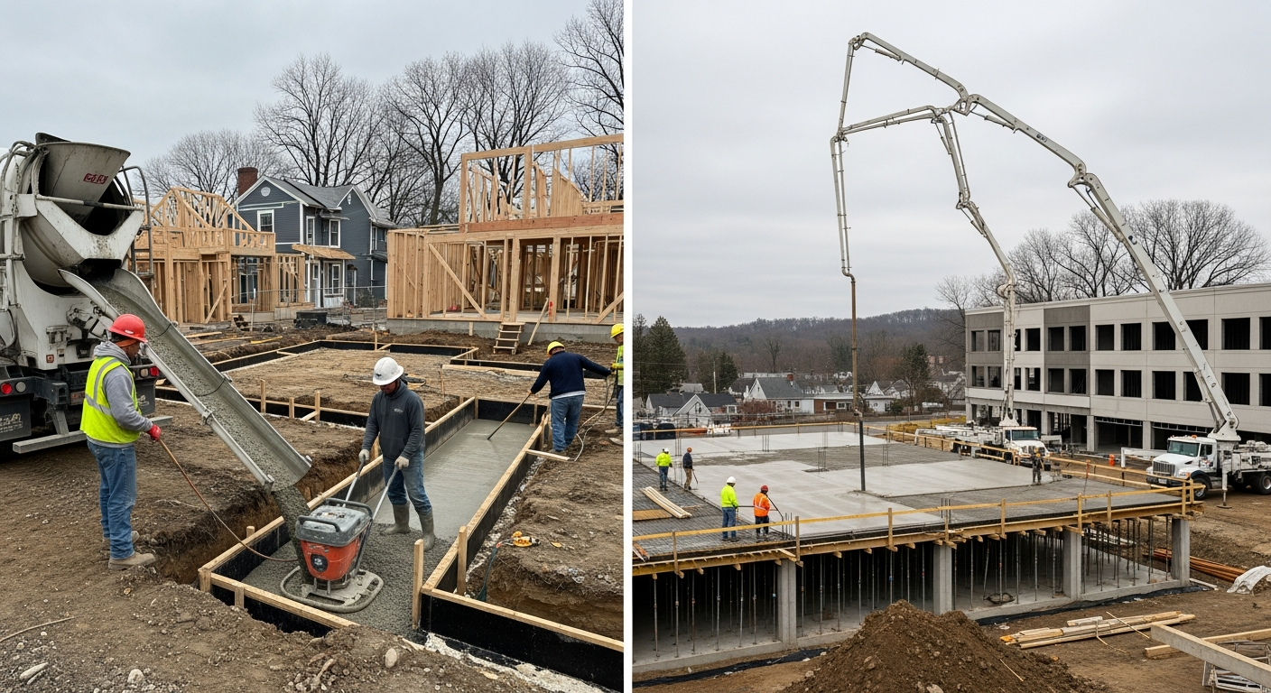Construction workers pouring concrete at residential and commercial building sites with heavy equipment