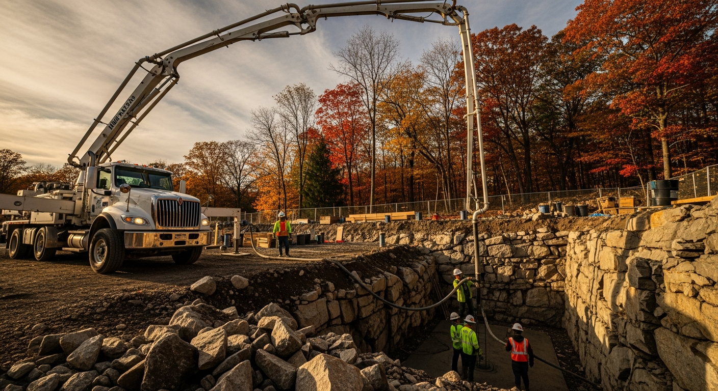 Concrete pump truck pouring foundation at autumn construction site with safety workers