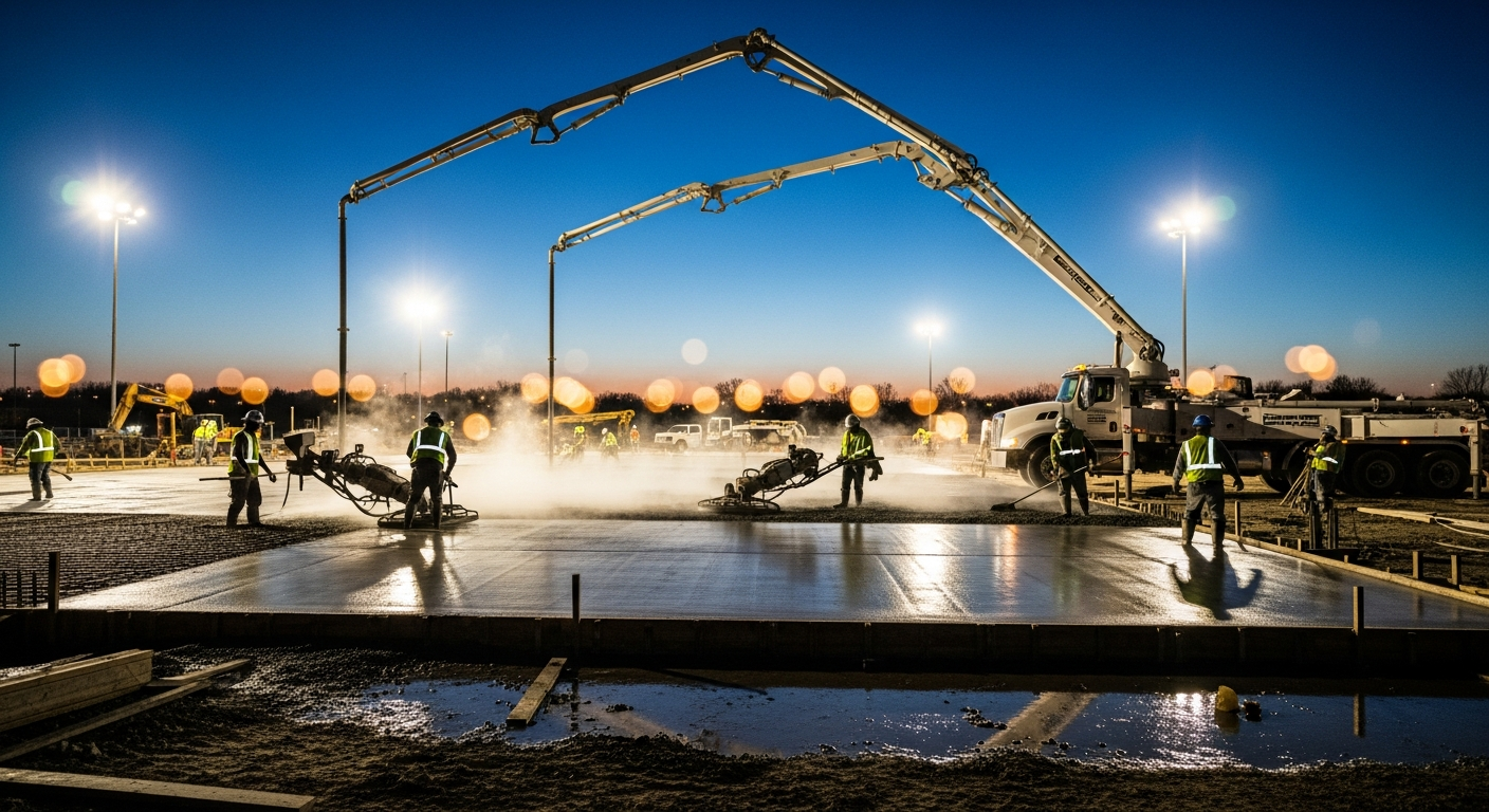Construction workers operating concrete cutting equipment on freshly poured concrete slab at dusk