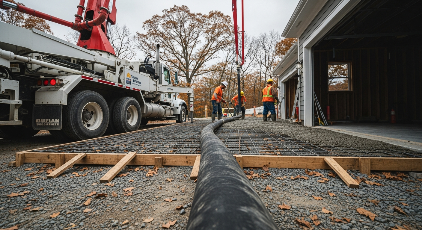 Concrete driveway construction with pump truck and workers preparing reinforced foundation