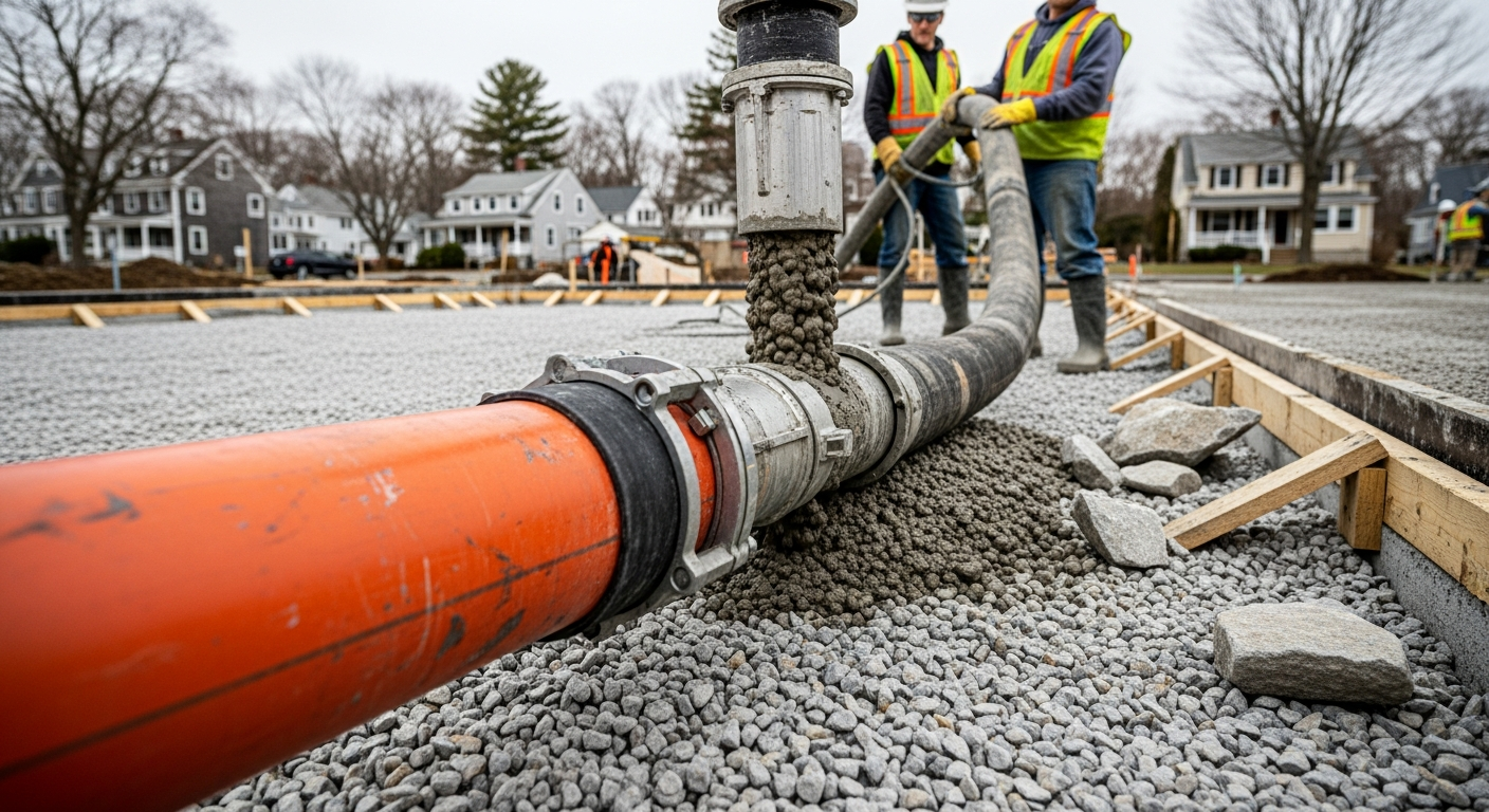 Construction workers installing orange utility pipes in residential street with safety equipment