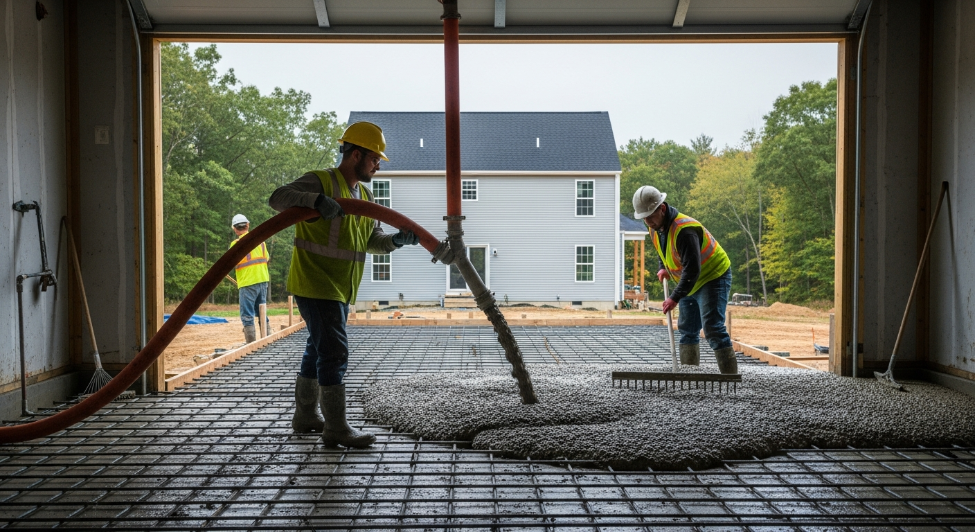 Construction workers pouring and finishing concrete foundation for new residential home build