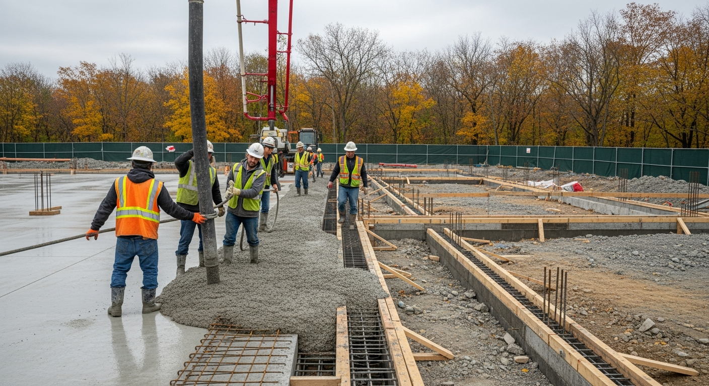 Construction workers pouring concrete at commercial building site with equipment