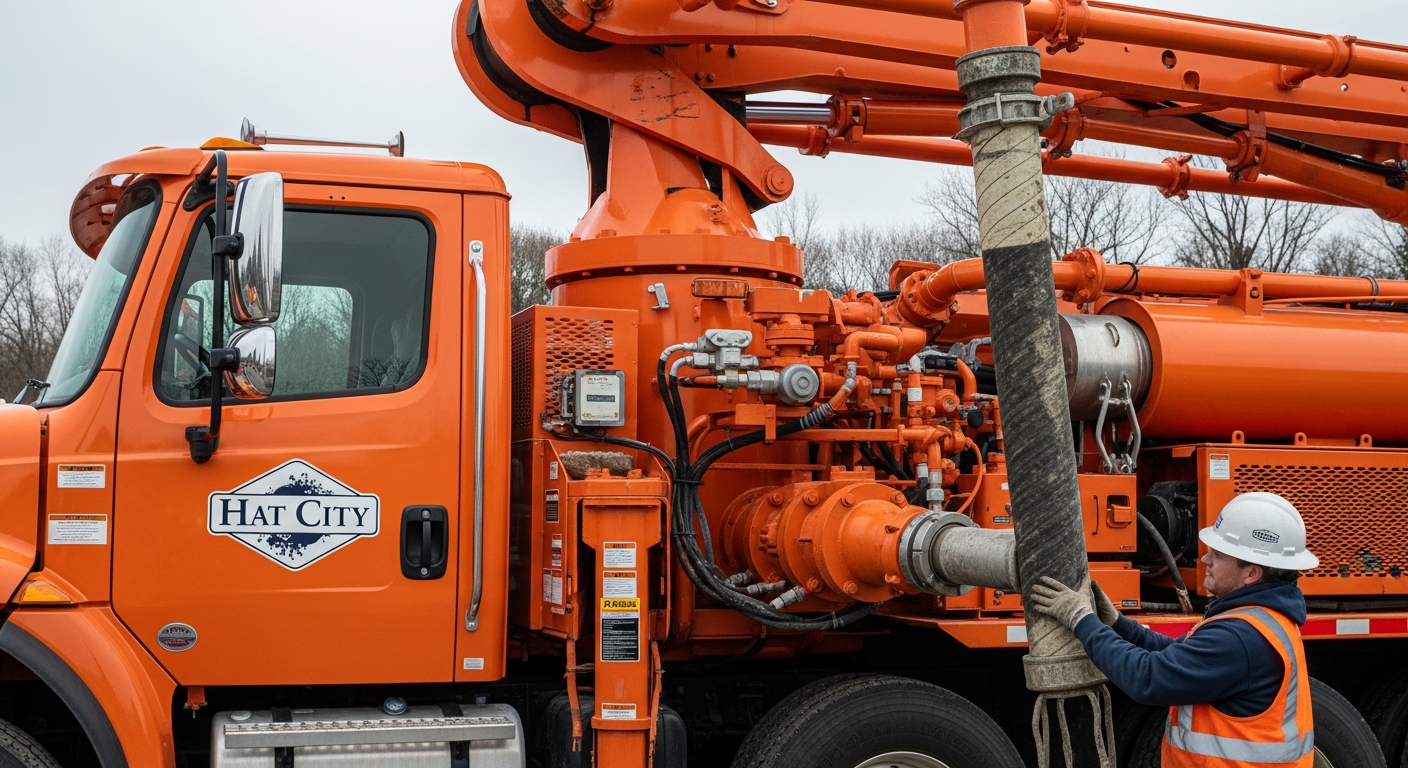 Hat City industrial truck operator maintaining specialized equipment with crane and hydraulic system