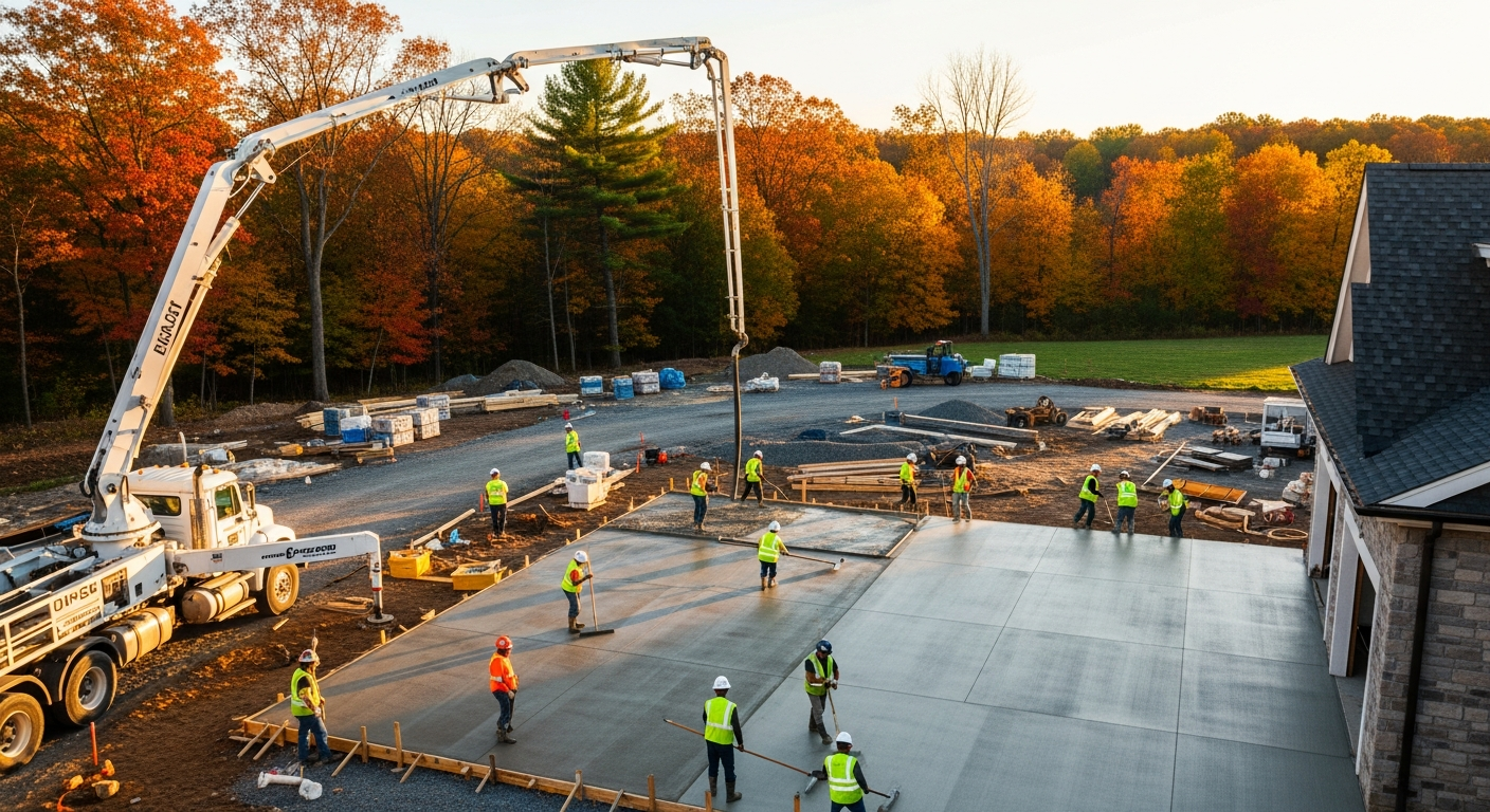 Construction workers pouring and finishing concrete foundation with pumping equipment