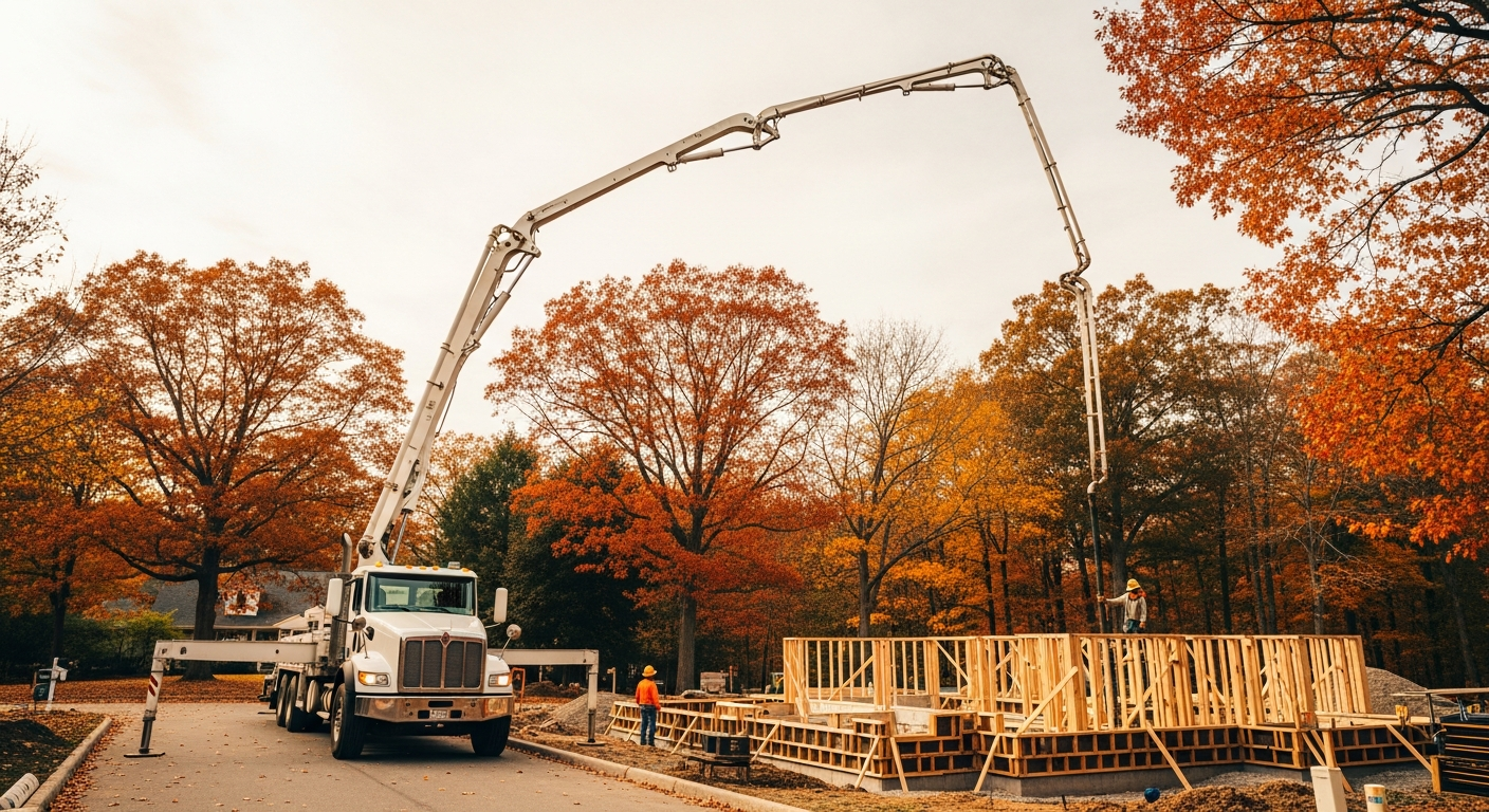 Concrete pump truck pouring foundation for residential home construction in fall